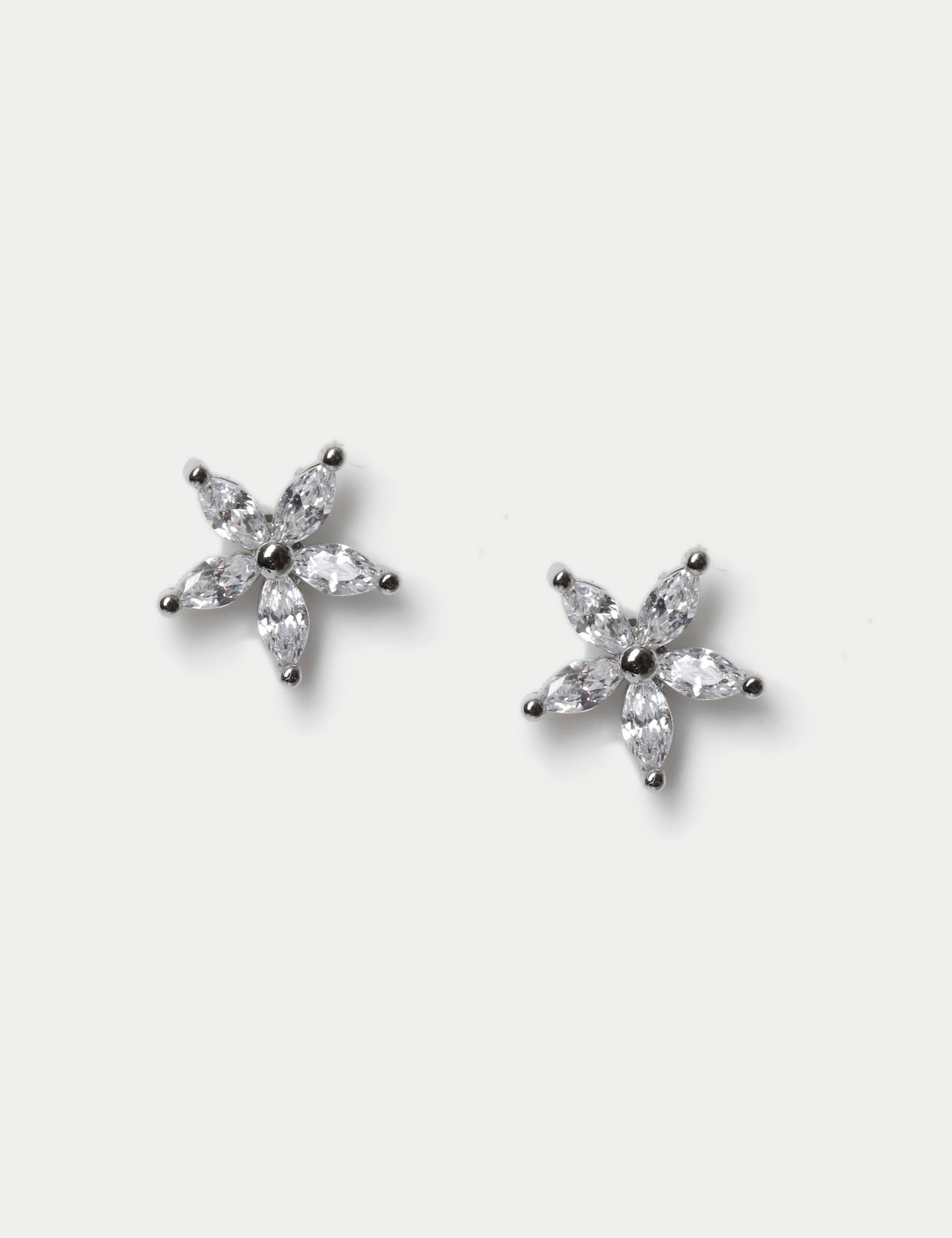 Platinum Cubic Zirconia Flower Earrings 1 of 2