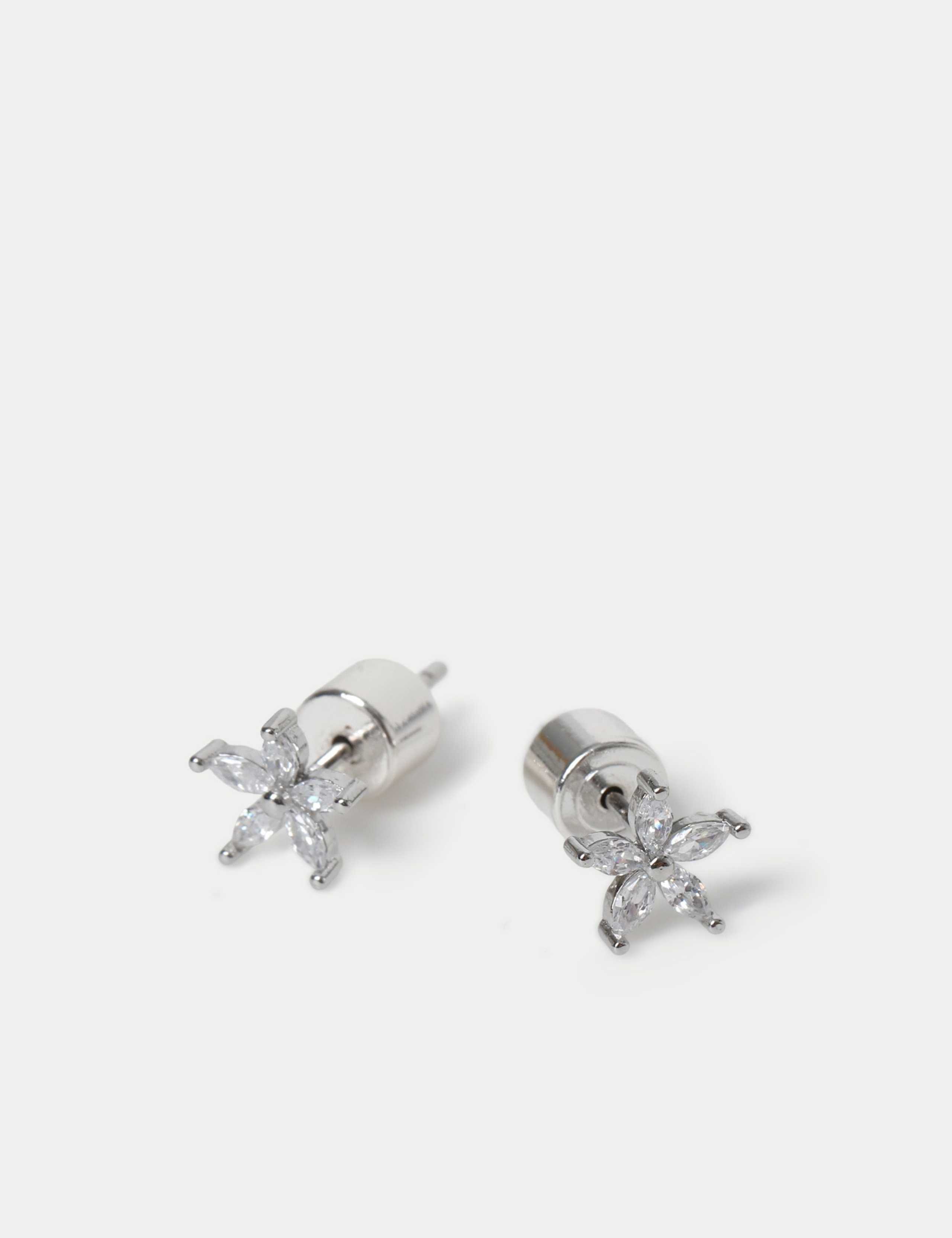 Platinum Cubic Zirconia Flower Earrings 2 of 2