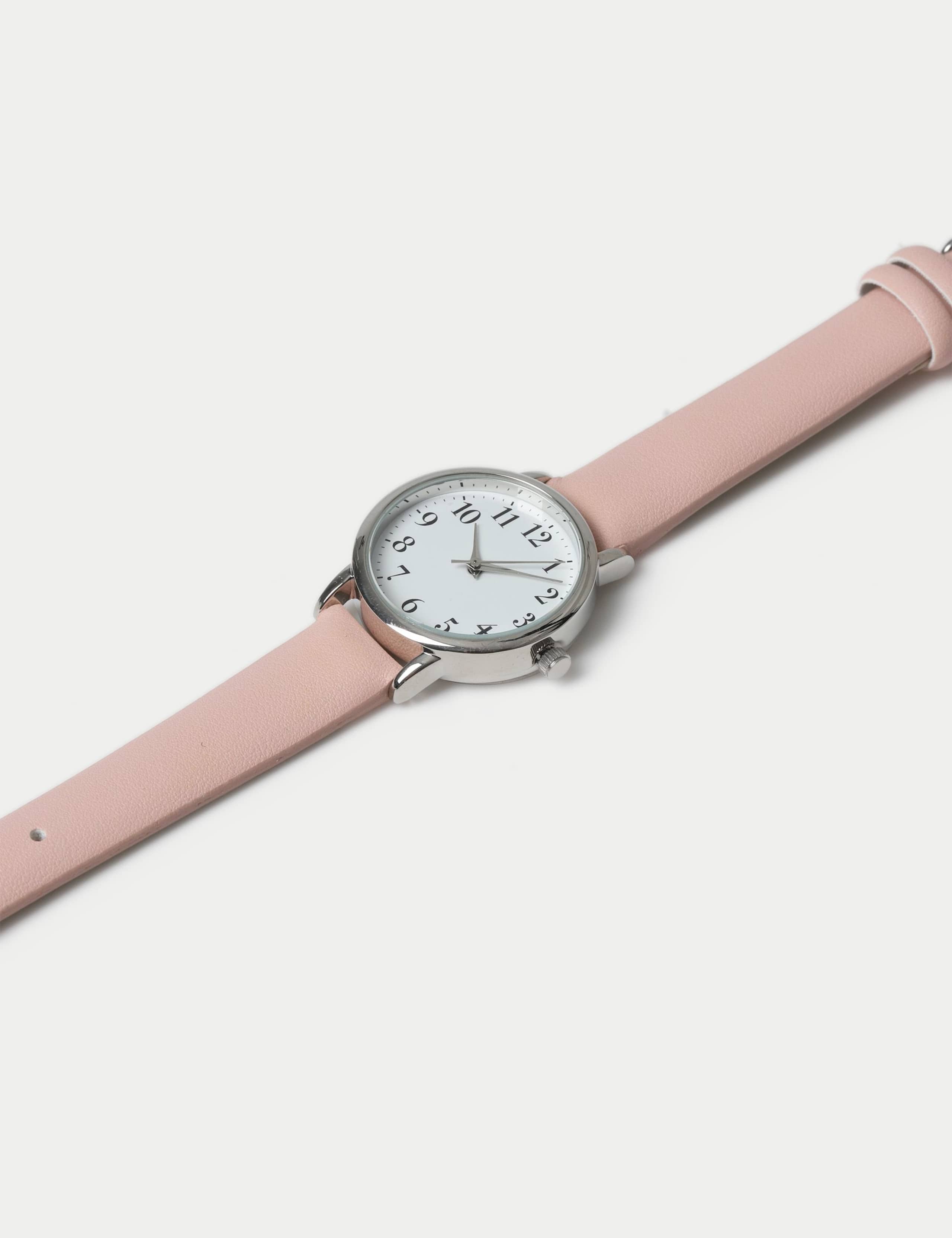 Pink Minimalist Faux Leather Strap Watch 3 of 3