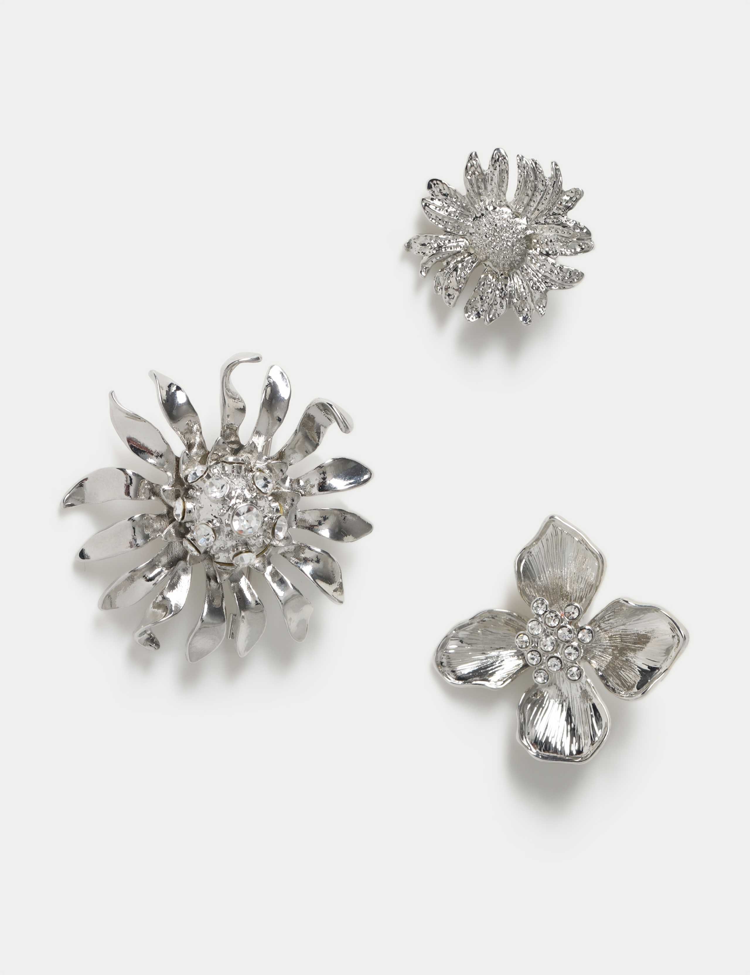 3 Pack  Silver Tone Embellished Flower 2 of 3