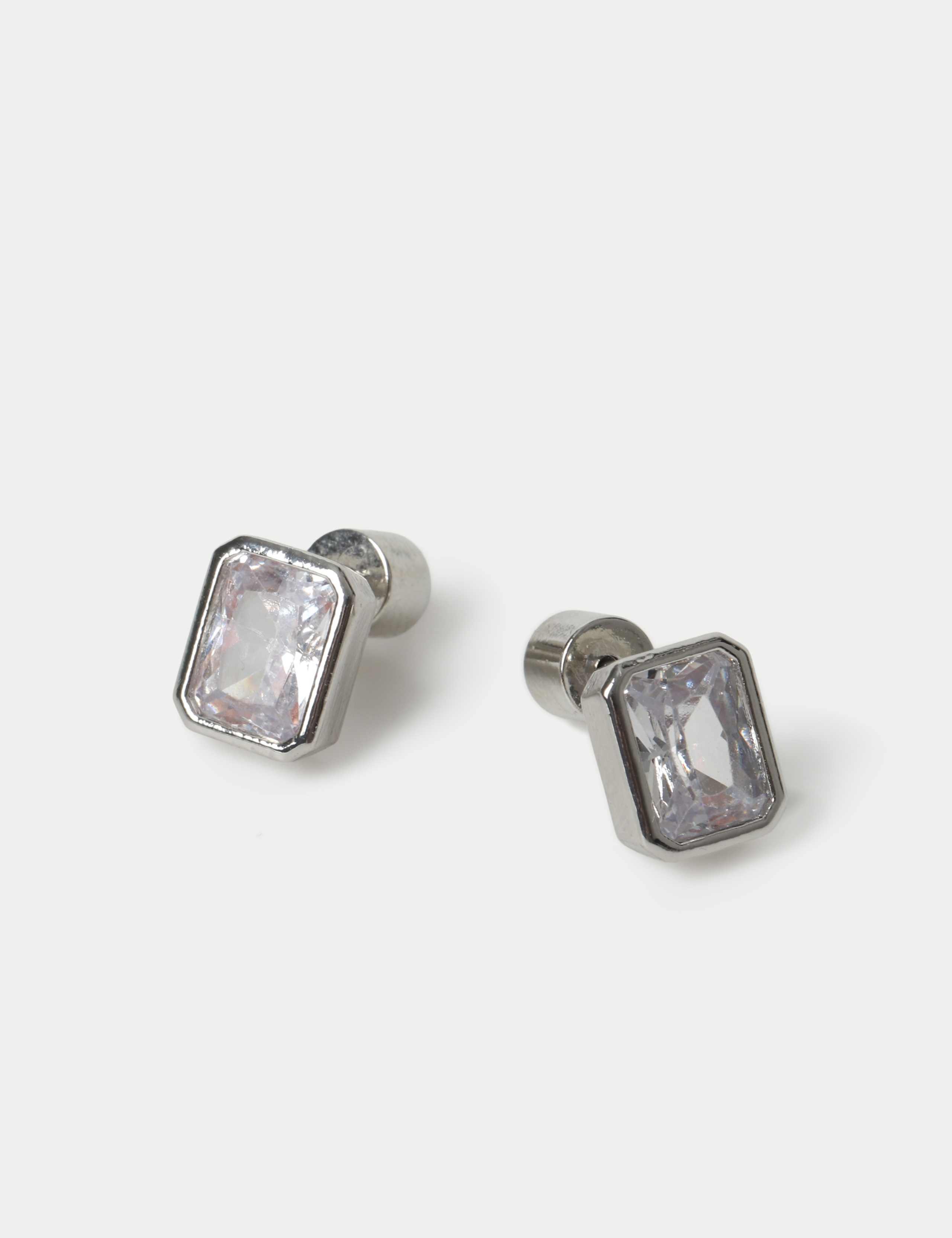 Platinum Plated Rectangle Stud Earrings 2 of 2