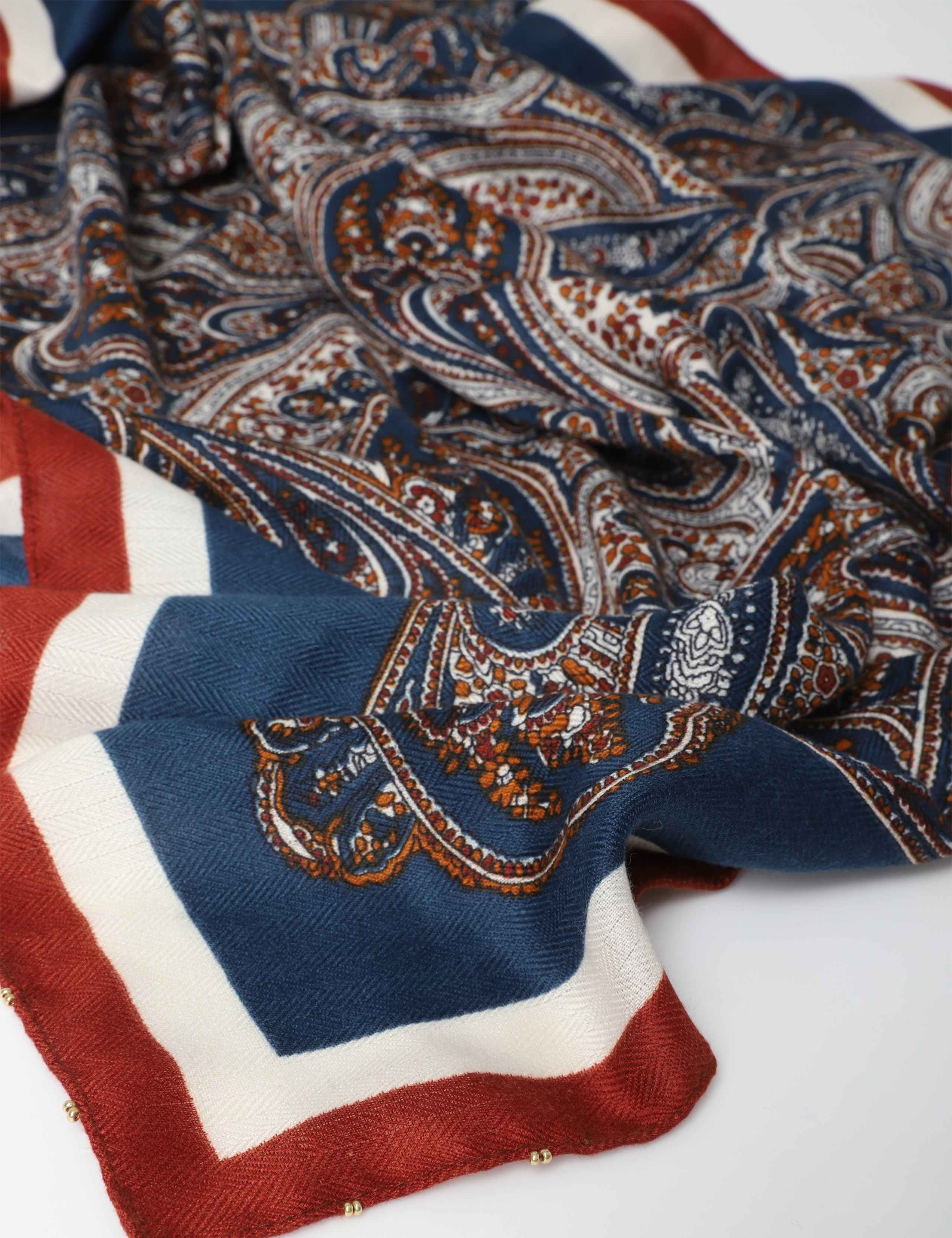 Navy Beaded Paisley Swirl Print Scarf 2 of 3