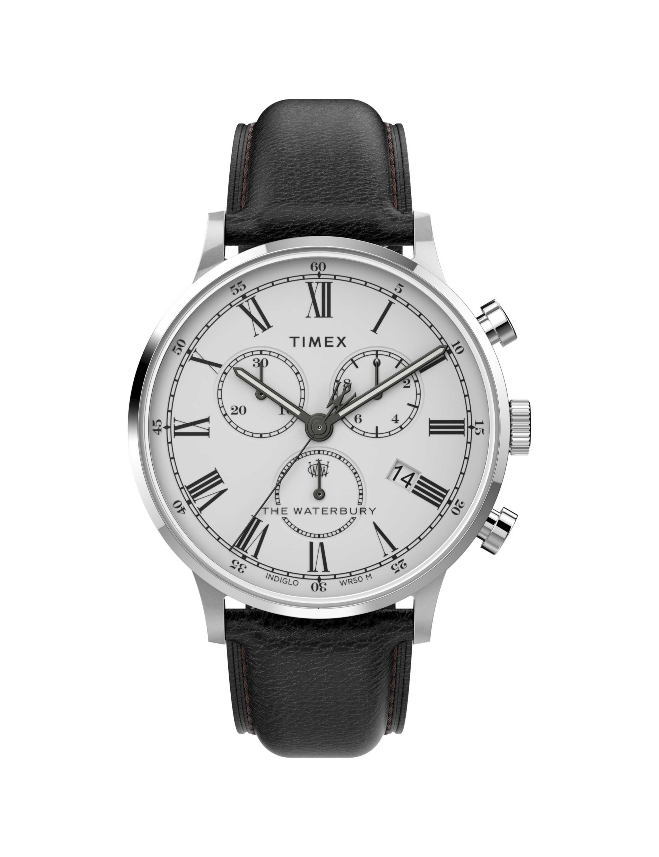 Timex Waterbury Classic Black Leather Chronograph Watch 1 of 8