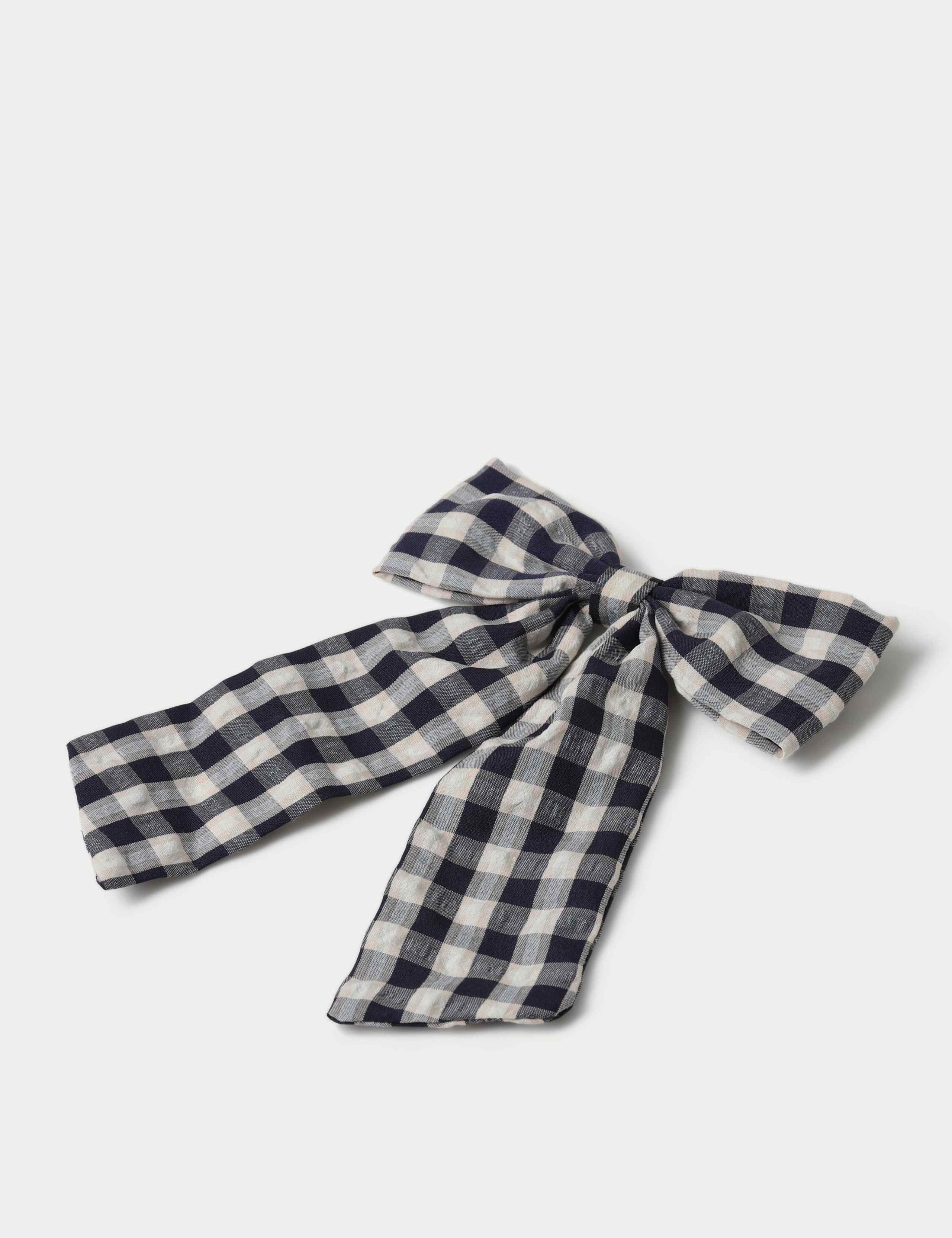Navy and Neutral Gingham Large Bow 2 of 2