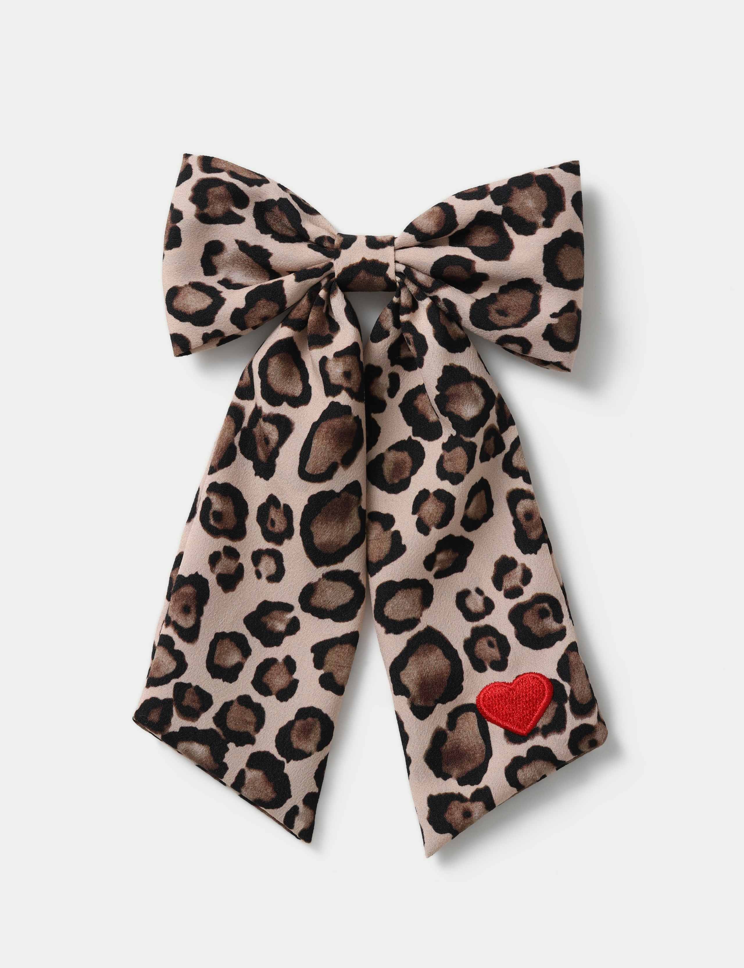 Leopard Print Heart Embroidered Bow 1 of 2