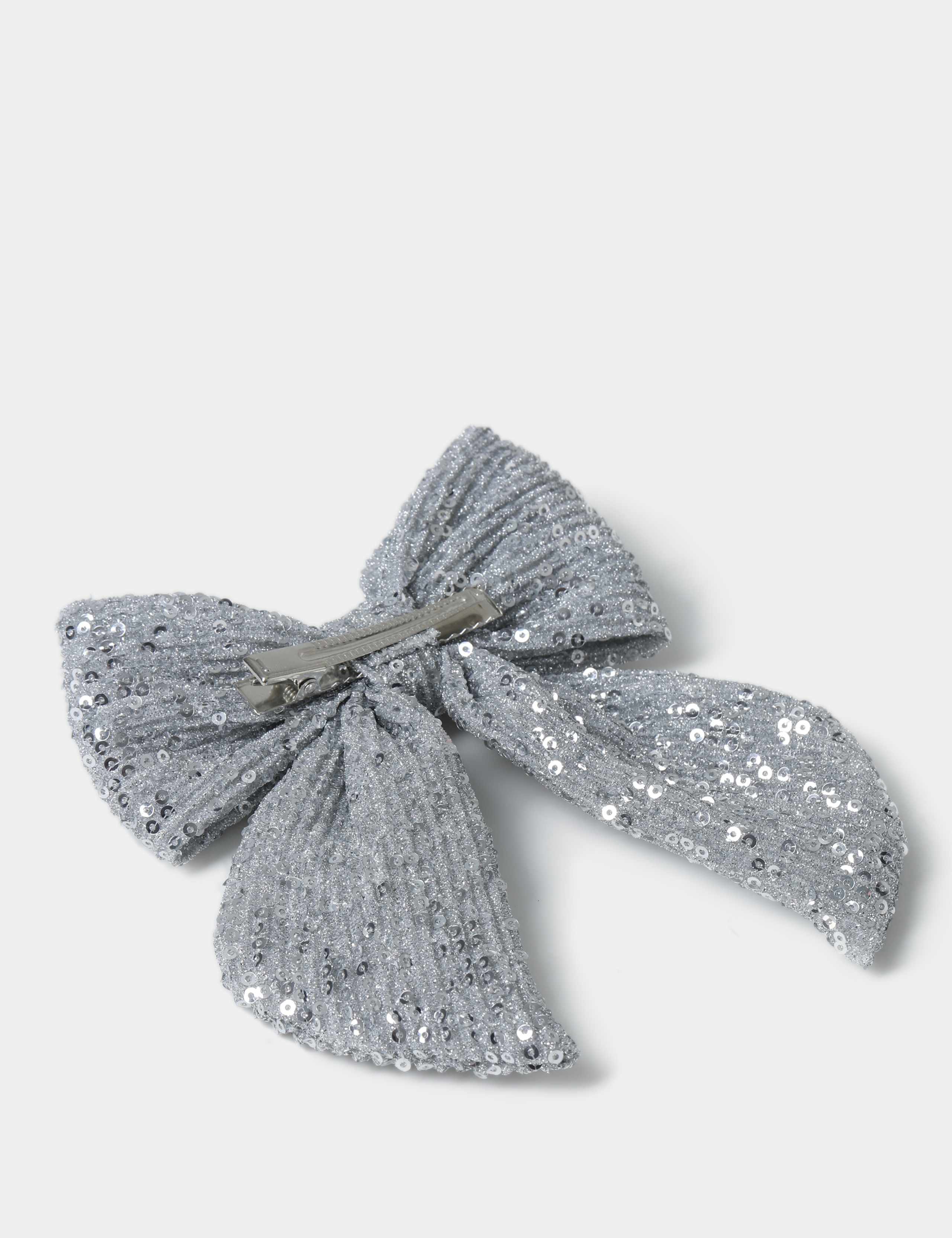 Silver Sequin Hair Bow Clip 3 of 3