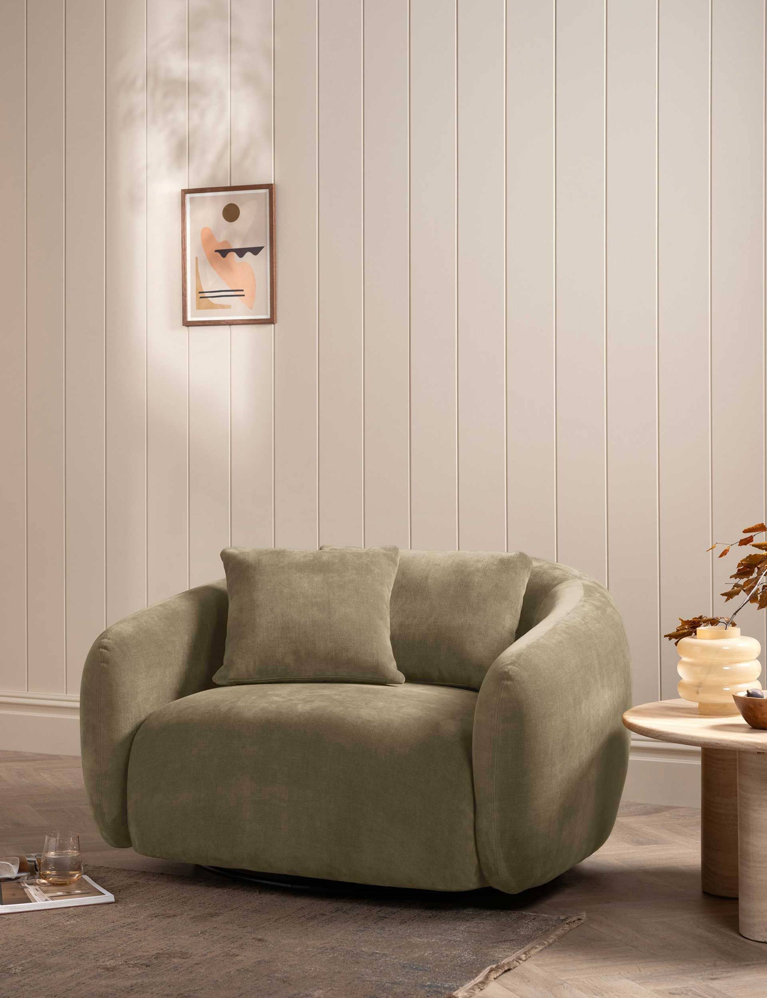 Cocoon Chenille Swivel Snuggle Chair 1 of 6