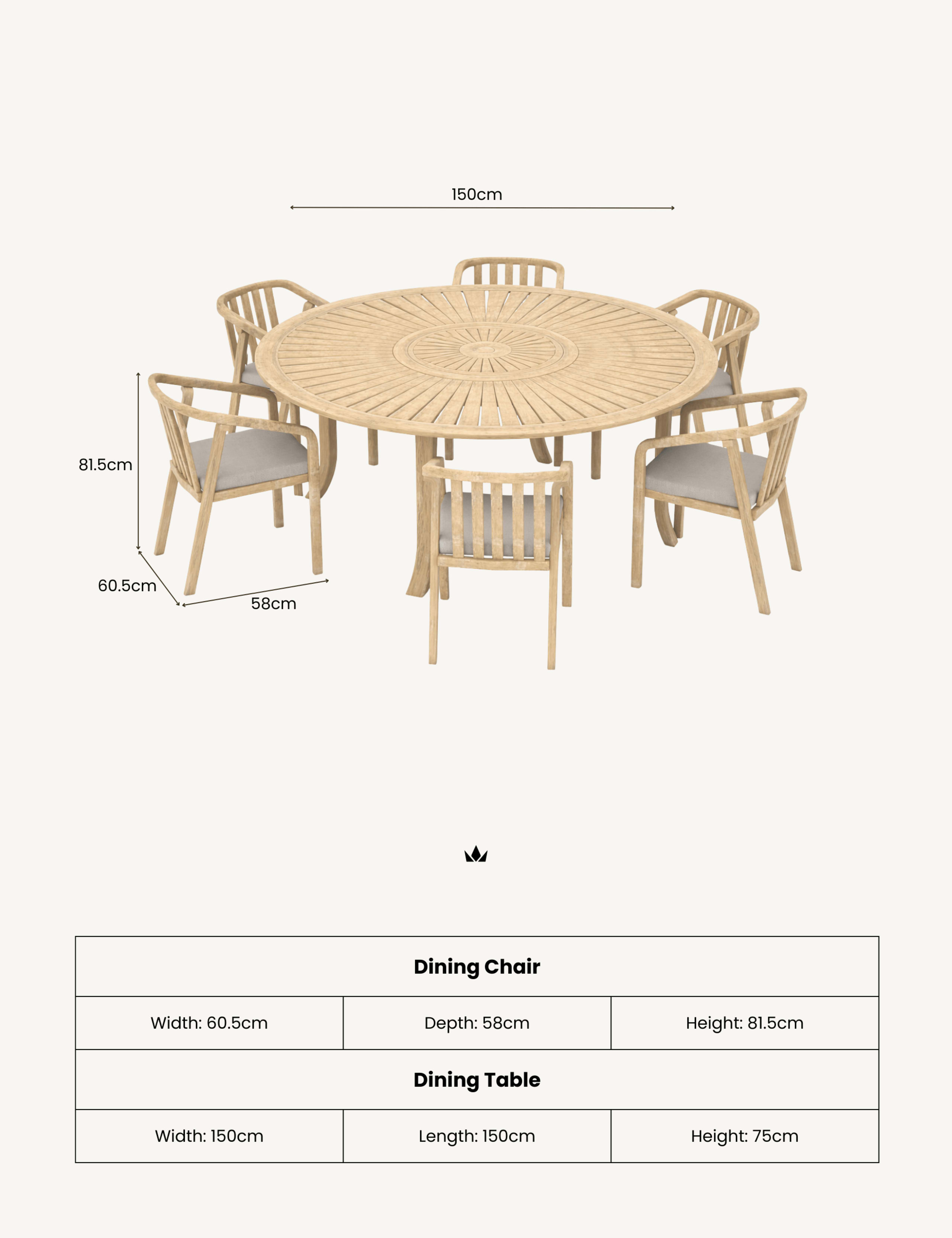 Maris 6 Seater Round Wood Dining Set 7 of 8