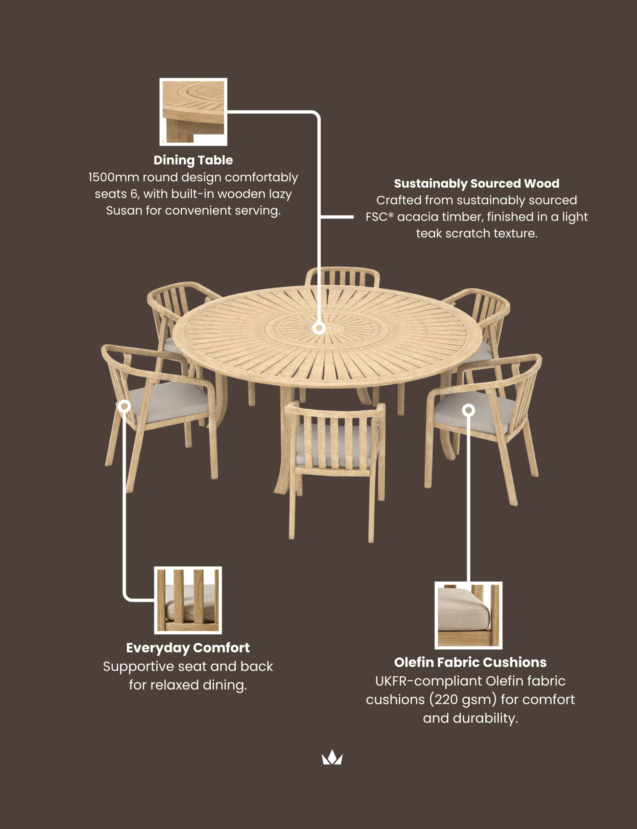 Maris 6 Seater Round Wood Dining Set 8 of 8