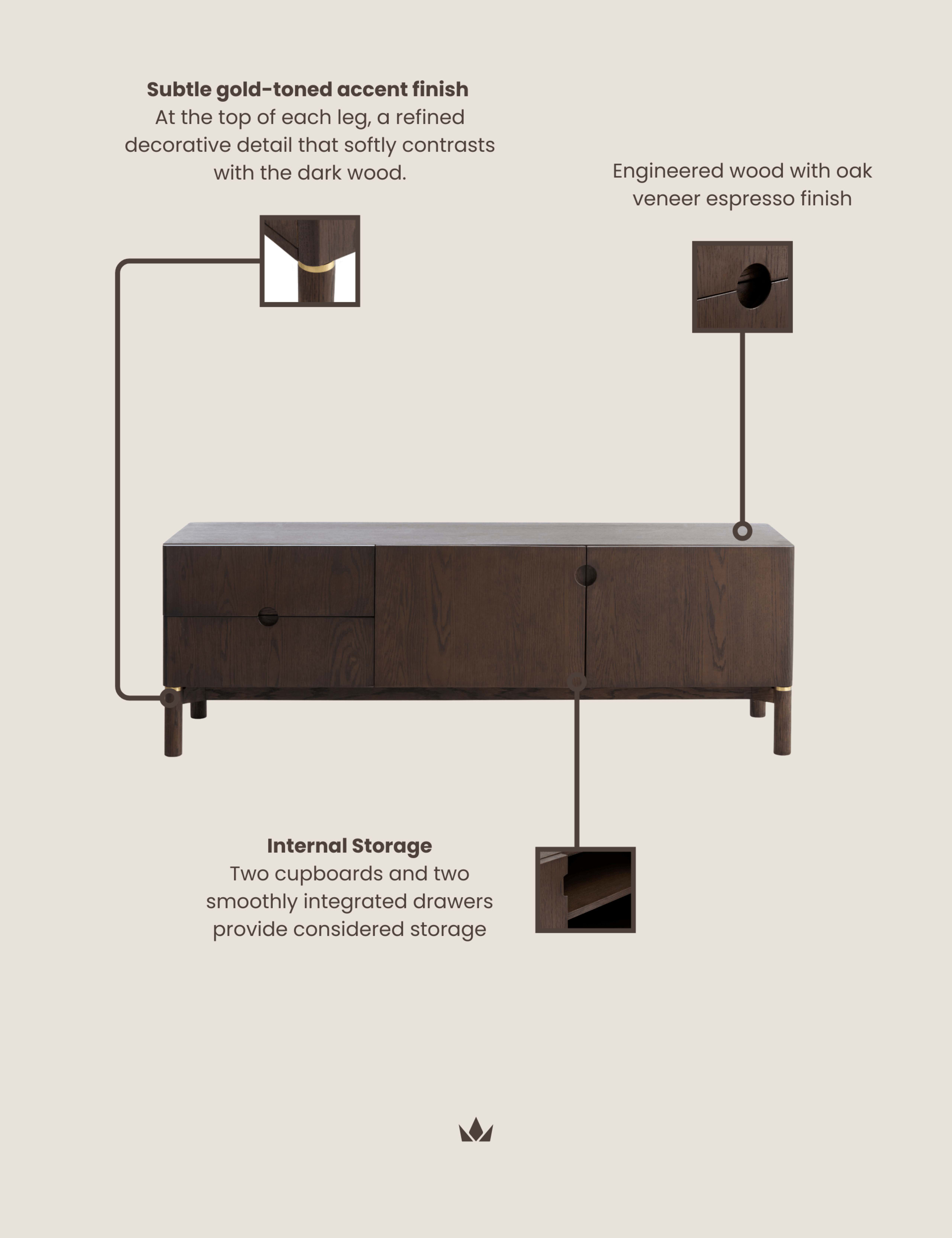 Arka Dark Wood 2 Drawer Sideboard 8 of 8