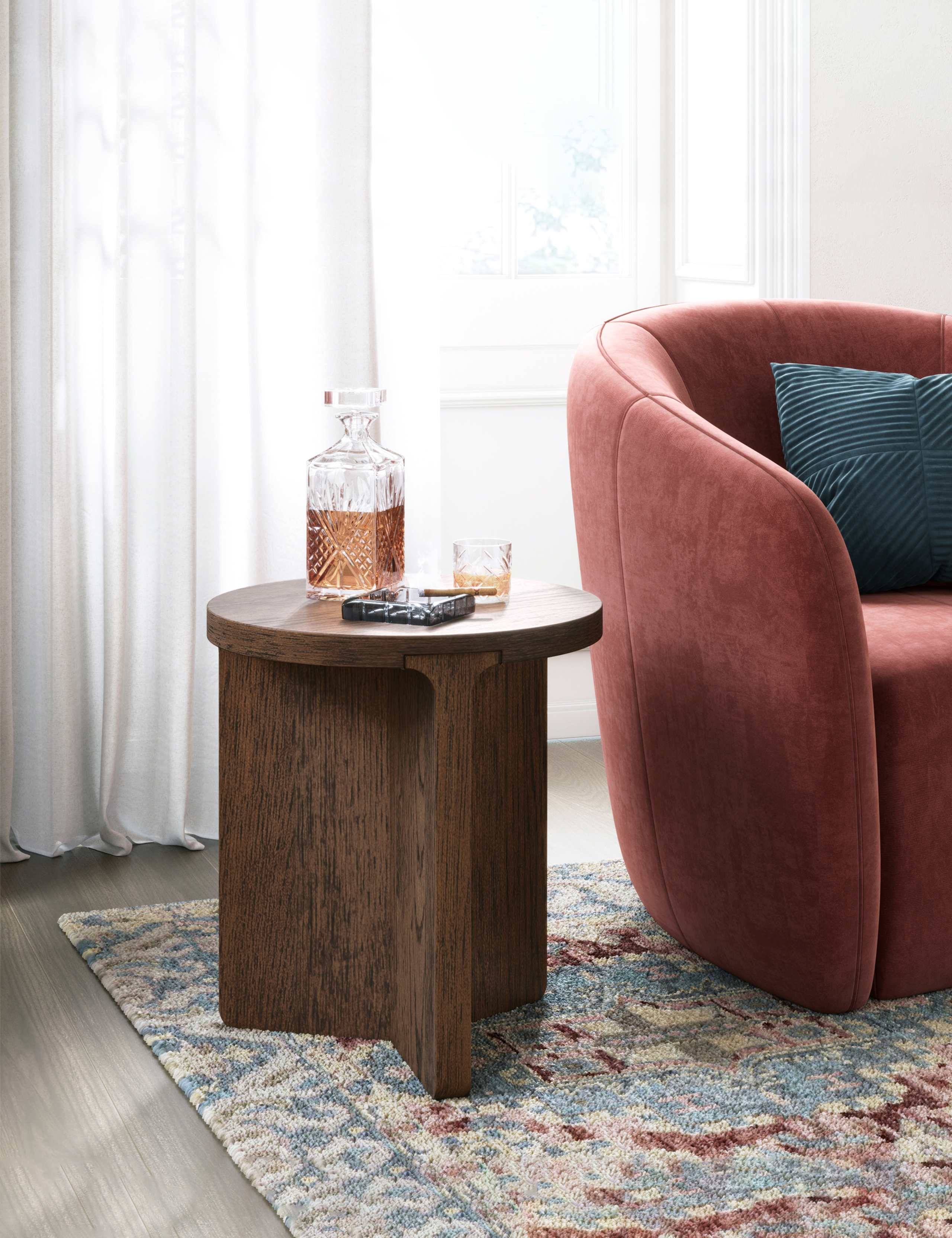 California Oak Walnut Finish Round Side Table 1 of 7