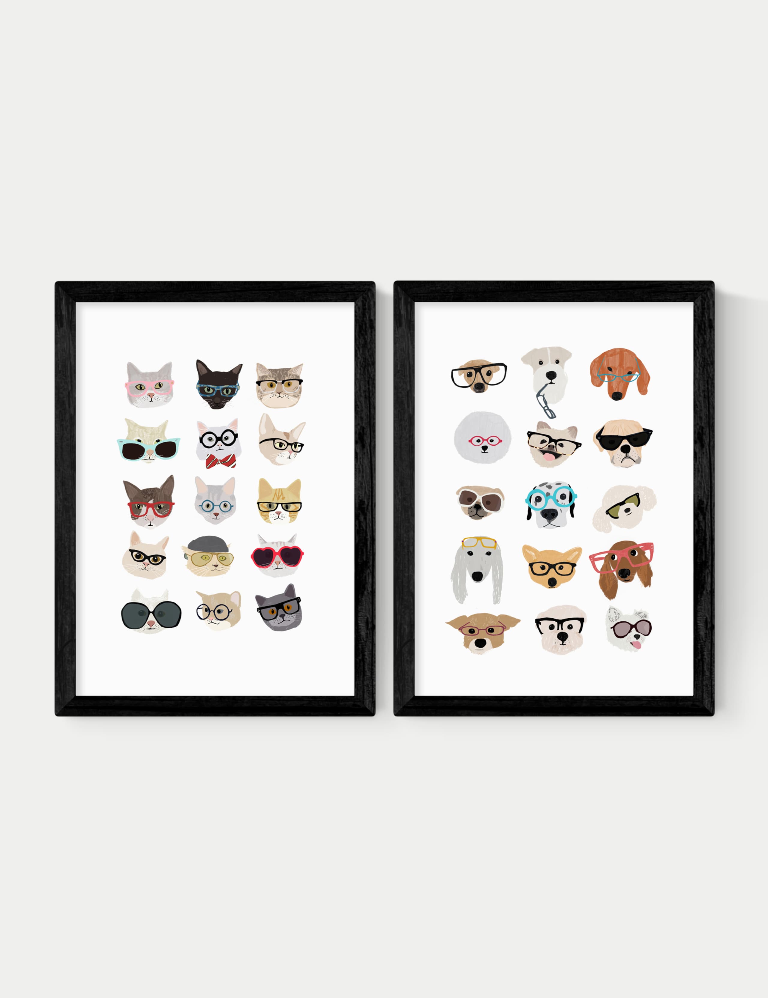 Cats & Dogs In Glasses Twin Set Framed Art 1 of 2