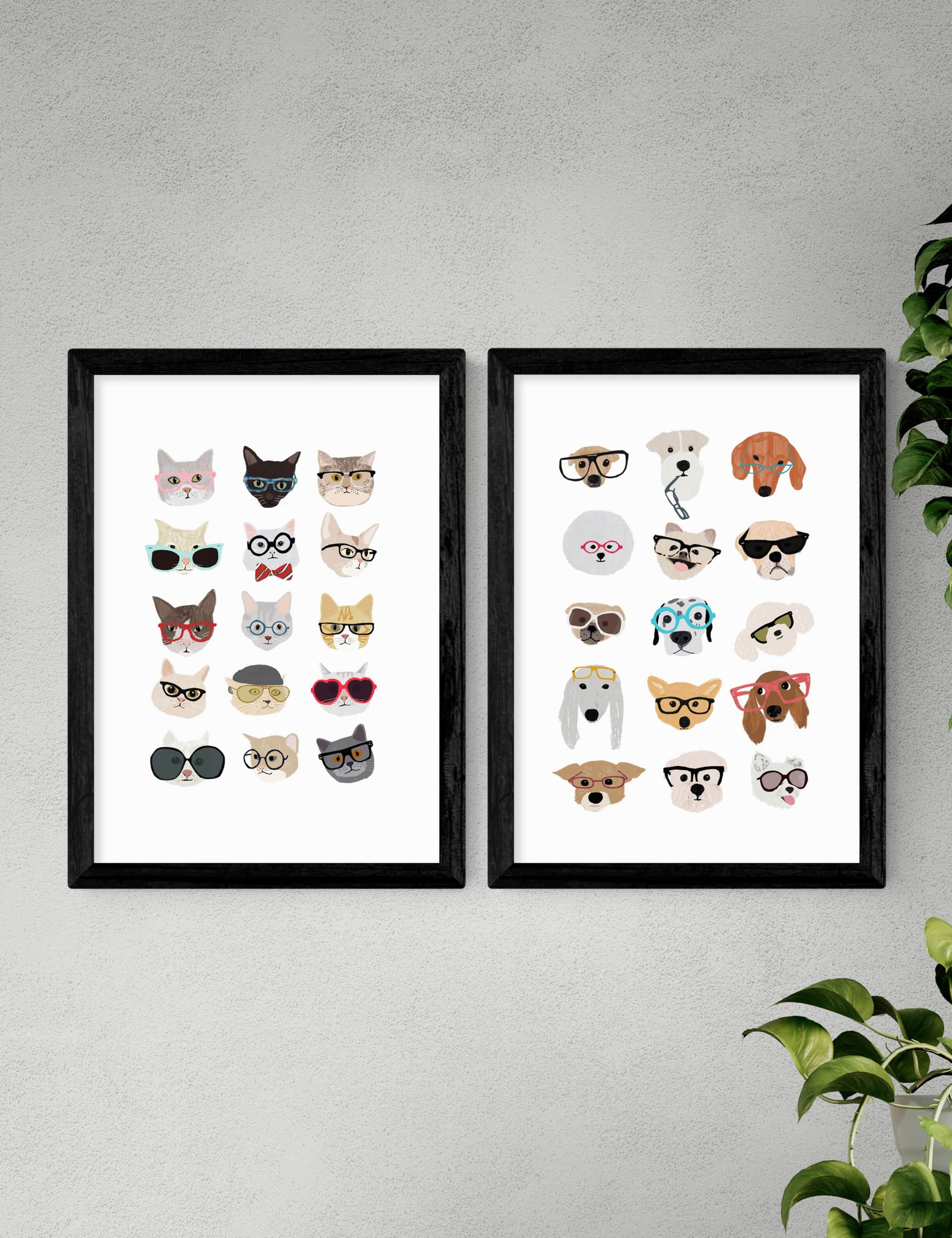 Cats & Dogs In Glasses Twin Set Framed Art 2 of 2