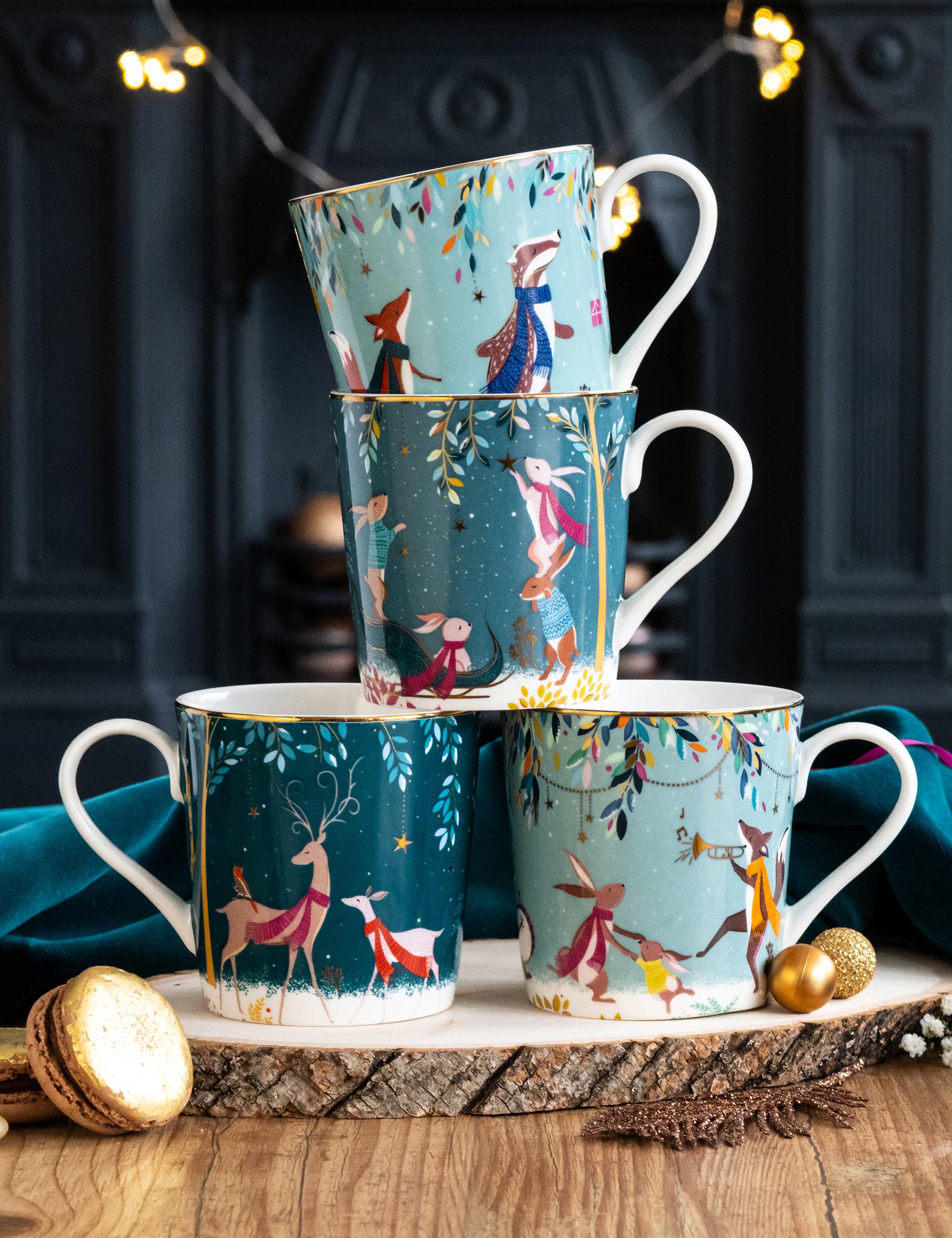 Sara Miller London Set Regalo Tazza E Vassoio - Blu Francese - Collezione Woodland Tales - Porcellana Con Oro 22kt E Melamina