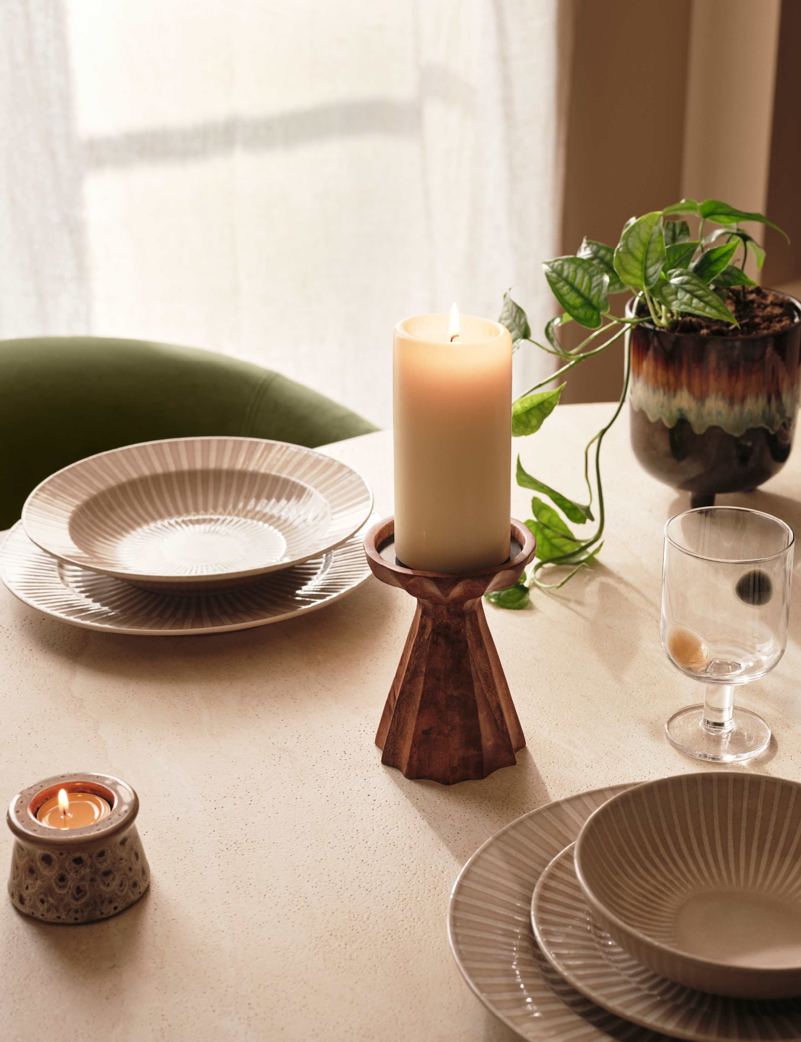 Ridged Wood Tall Pillar Candle Holder 5 of 6