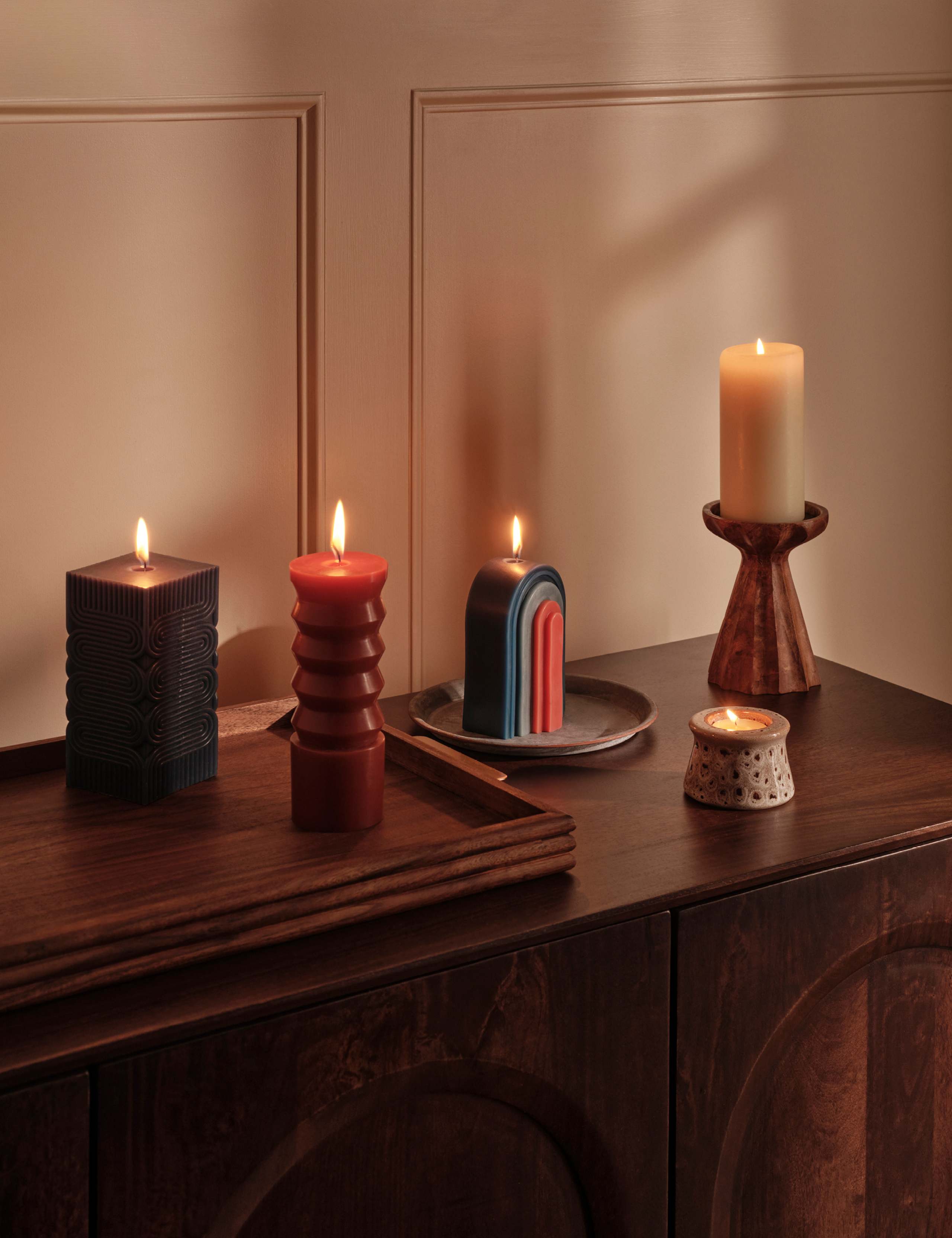 Ridged Wood Tall Pillar Candle Holder 6 of 6