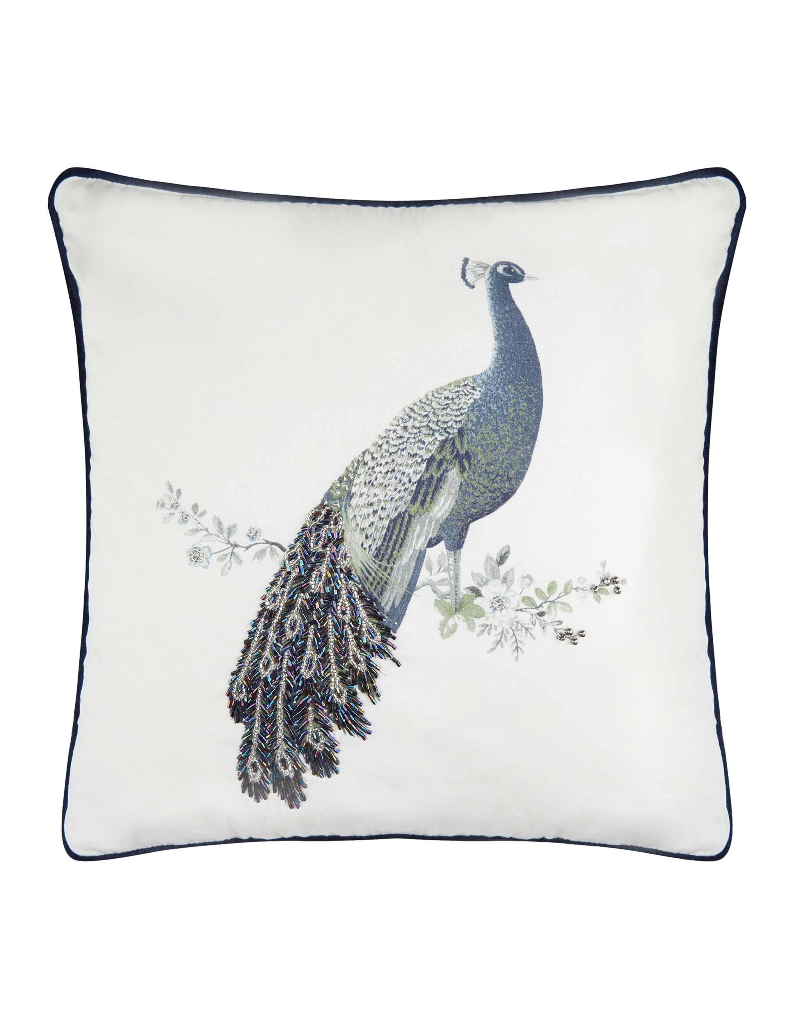 Pure Cotton Peacock Beaded Cushion 2 of 2