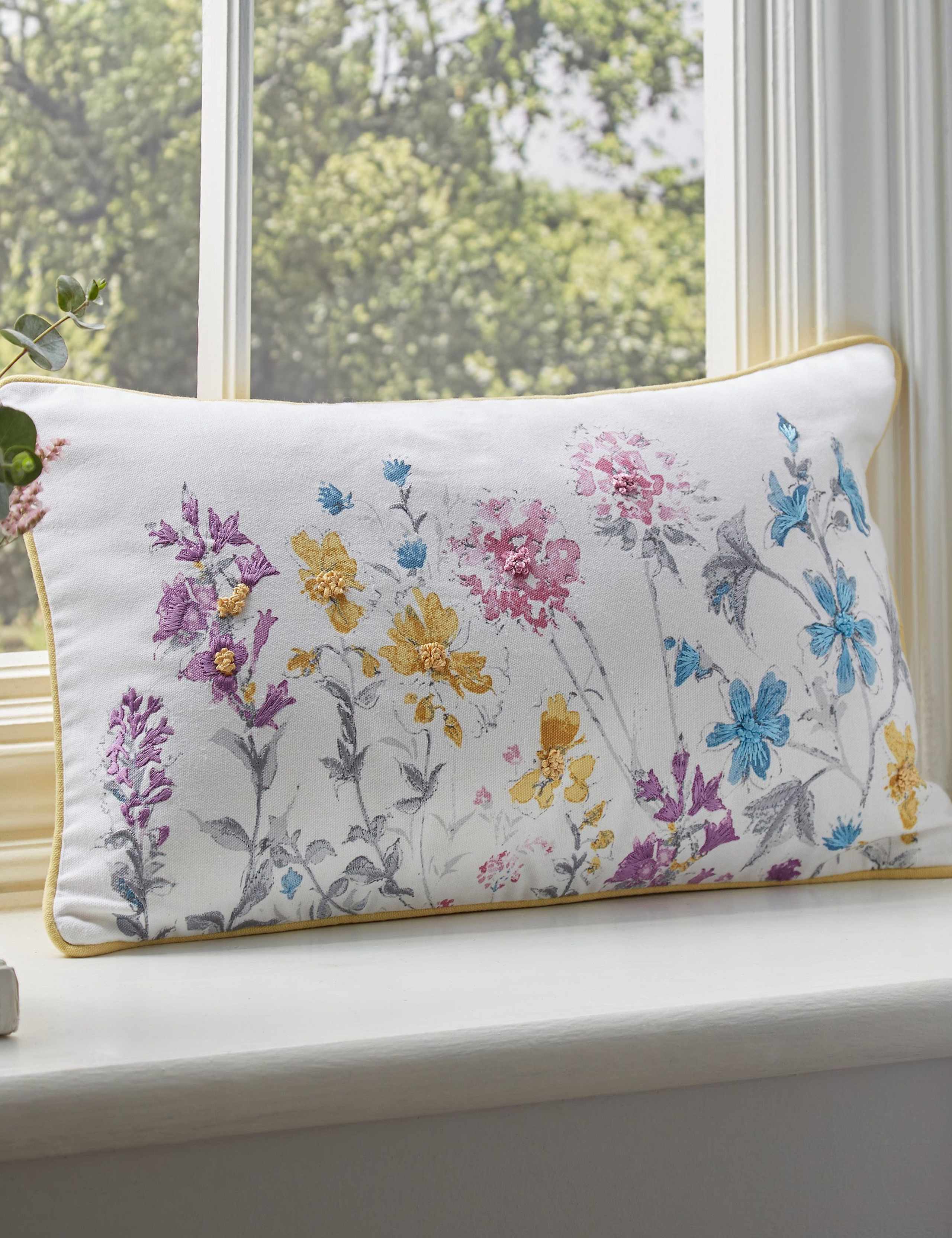 Wild Meadow Pure Cotton Embroidered Cushion 1 of 2