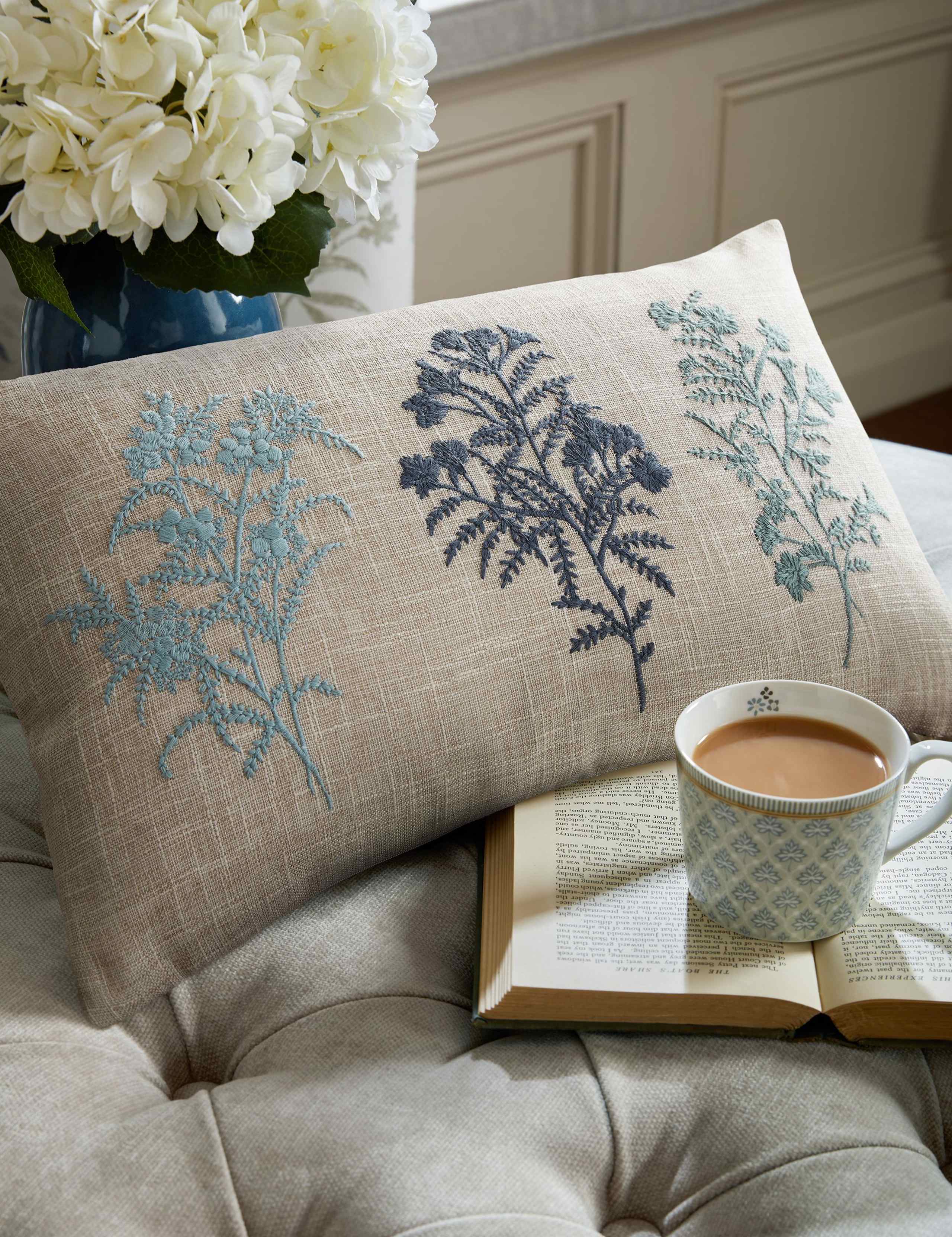 Tenby Floral Embroidered Bolster Cushion 1 of 4