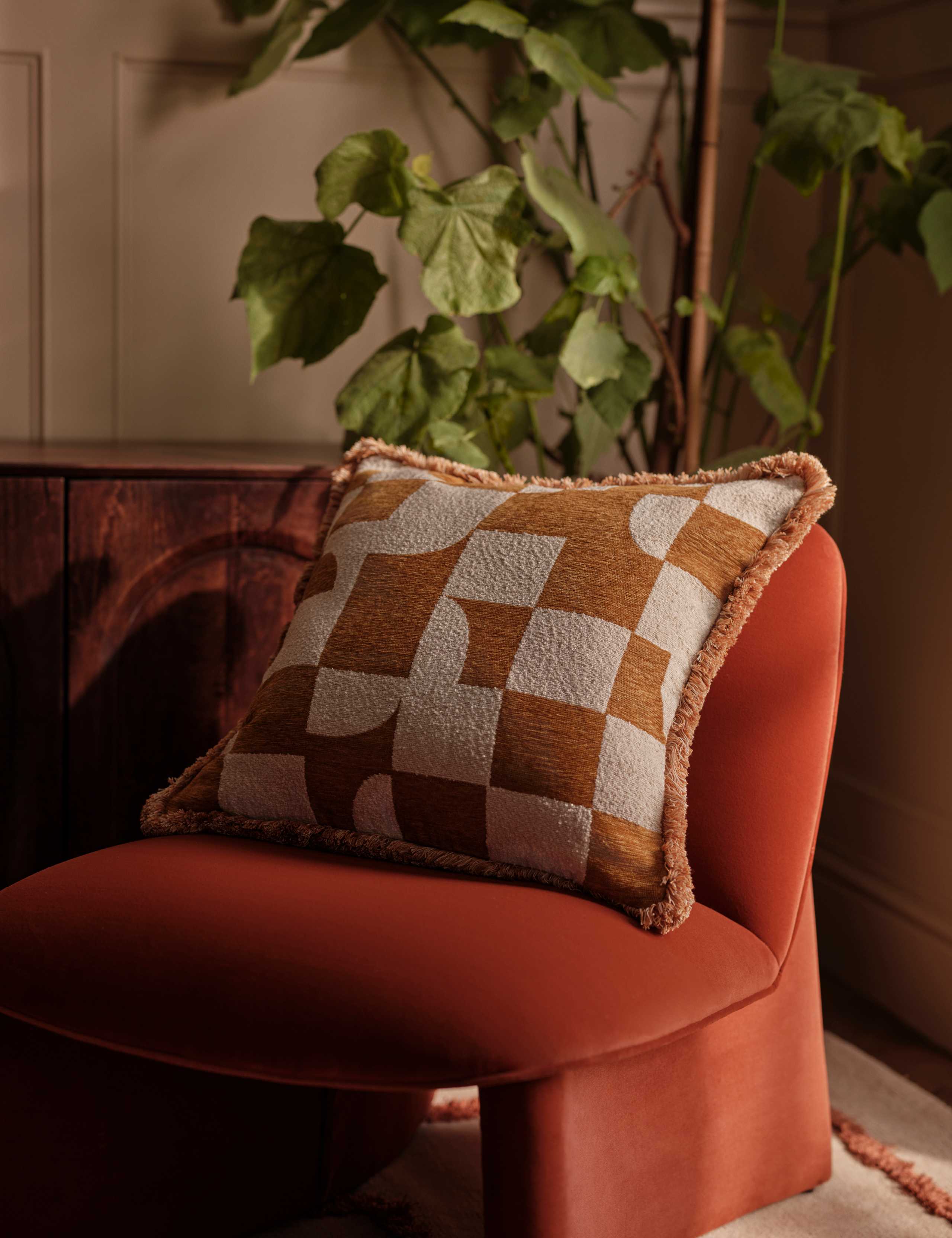 Chenille Geometric Jacquard Fringed Cushion 5 of 5
