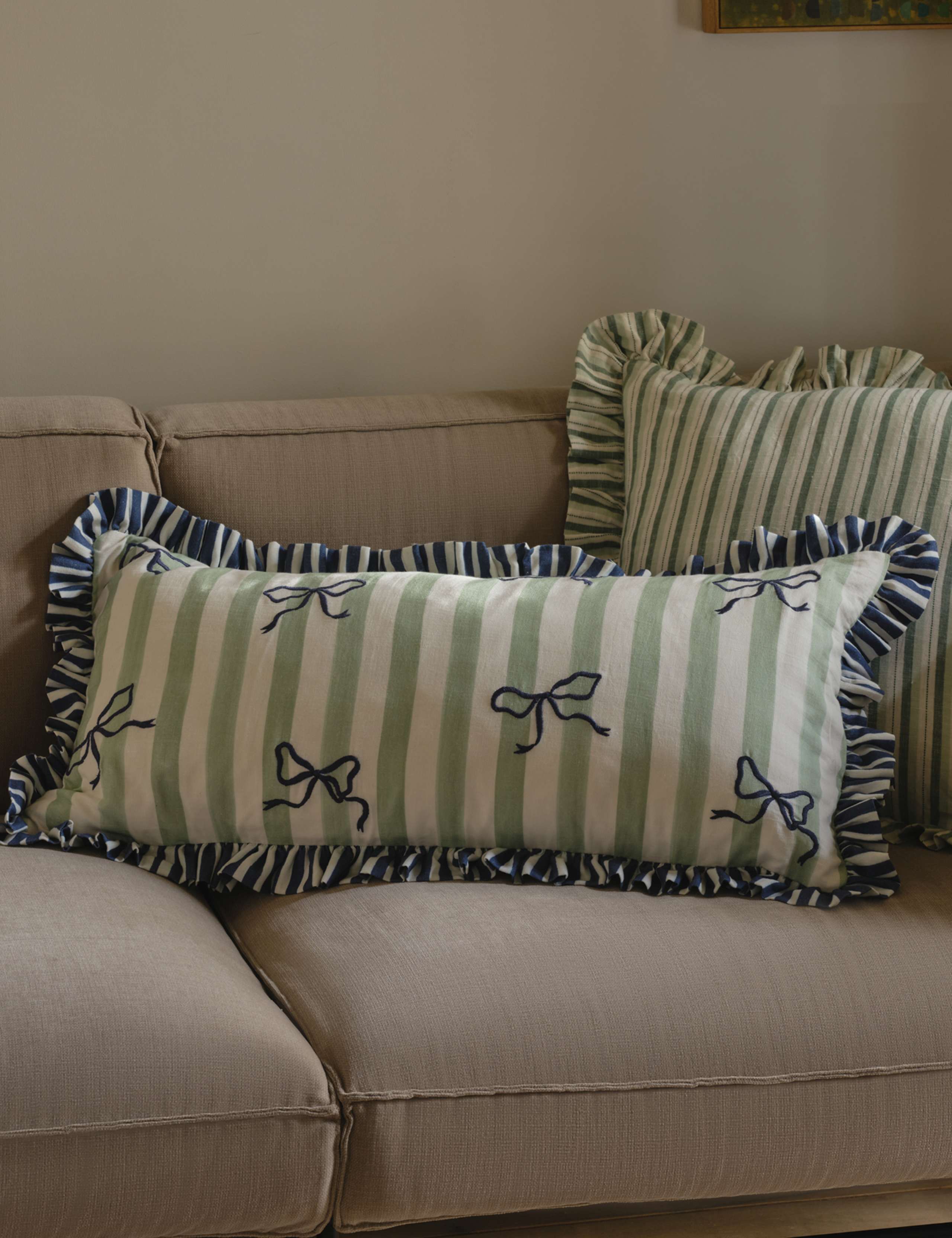 Cotton Rich Striped Bow Bolster Cushion 1 of 3