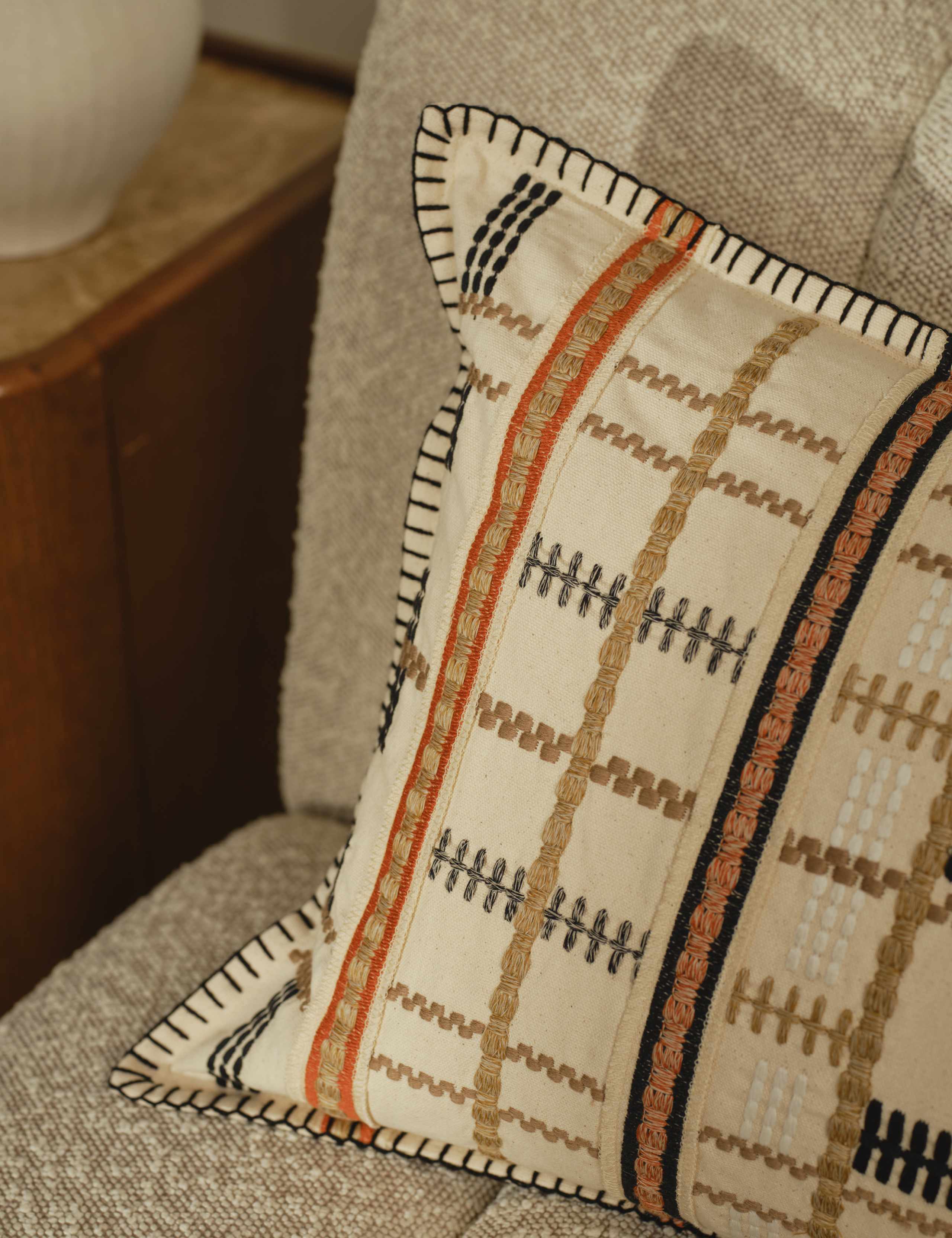 Pure Cotton Grid Embroidered Bolster Cushion 6 of 6