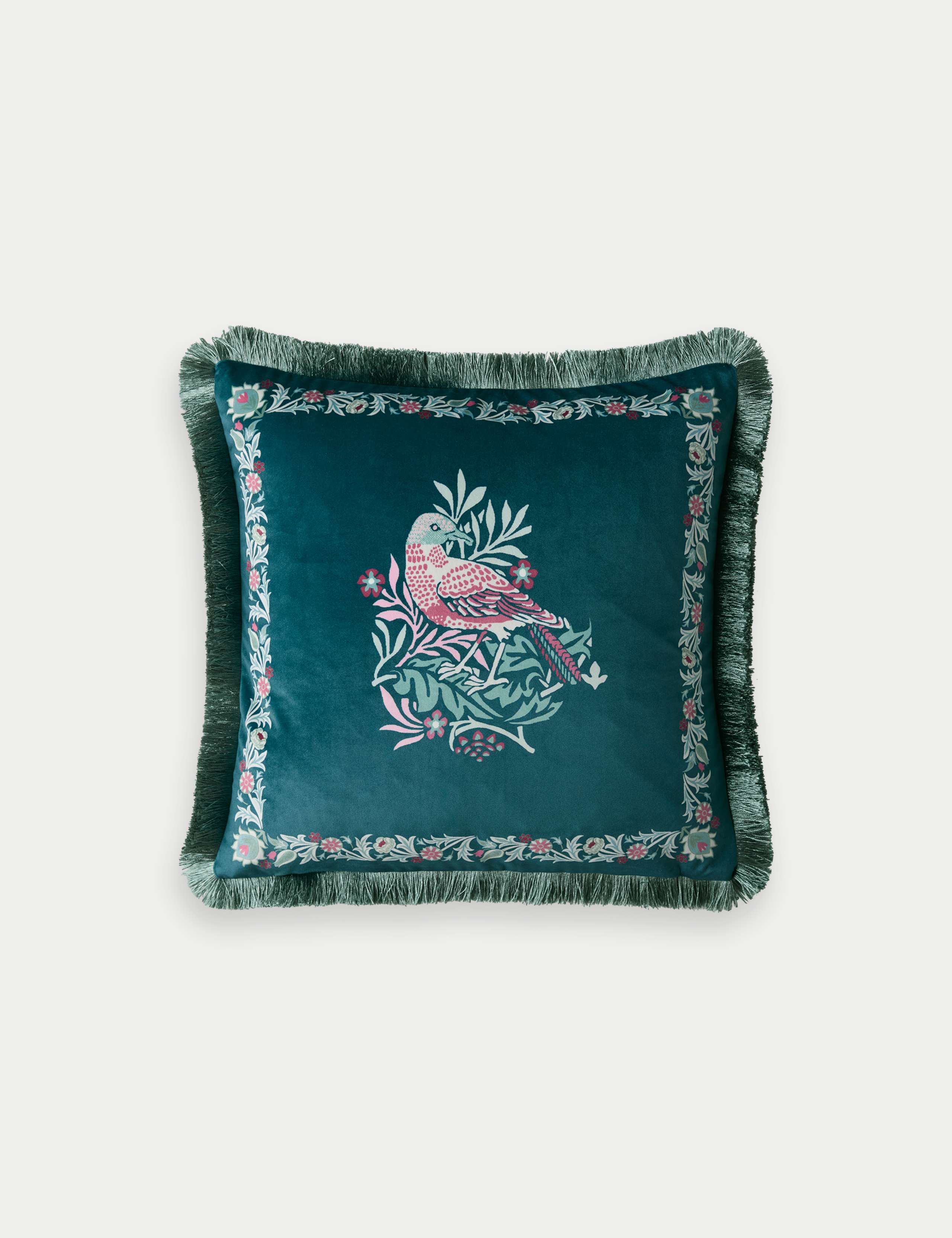 Velvet Bird Fringed Cushion 2 of 3