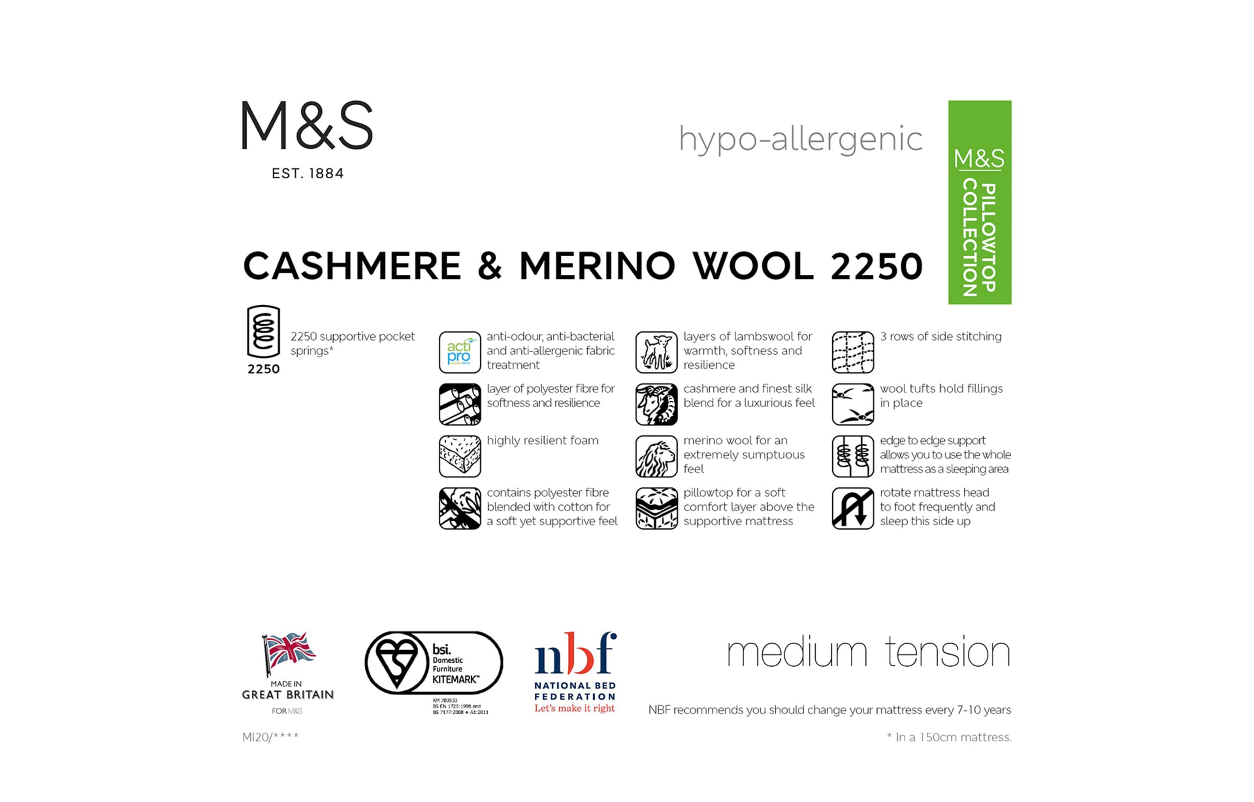 Cashmere & Merino 2250 Pocket Spring Medium Mattress 7 of 7
