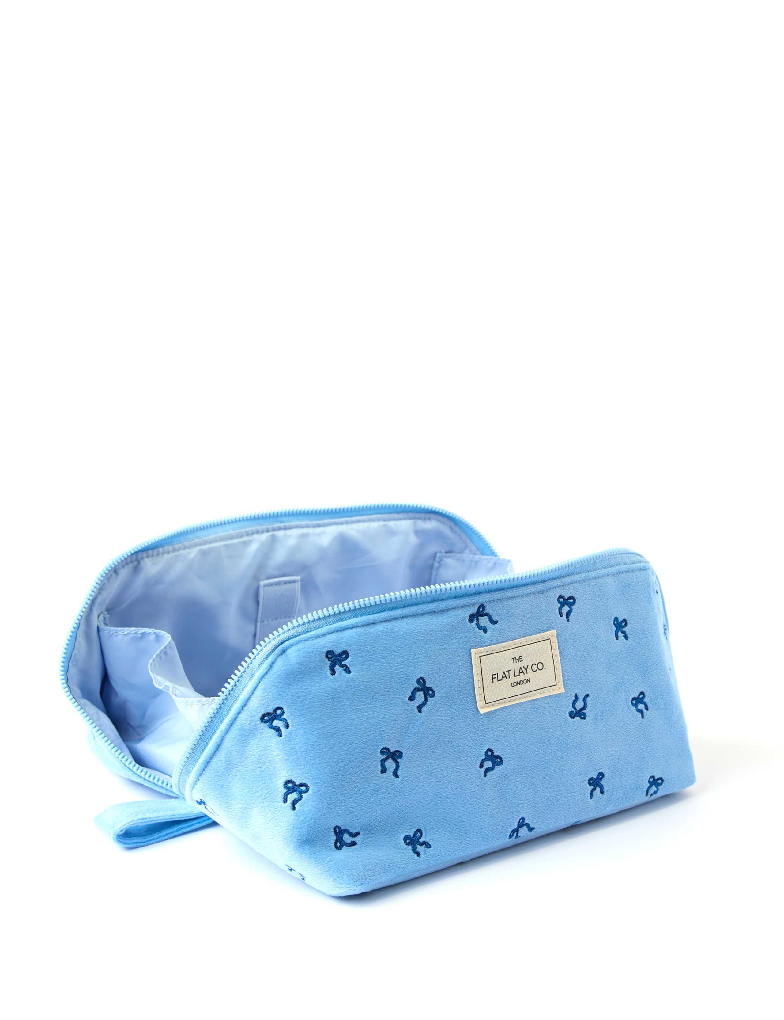 Flat Lay Makeup Box Bag - Ditsy Bows Blue Embroidered Velvet 3 of 8