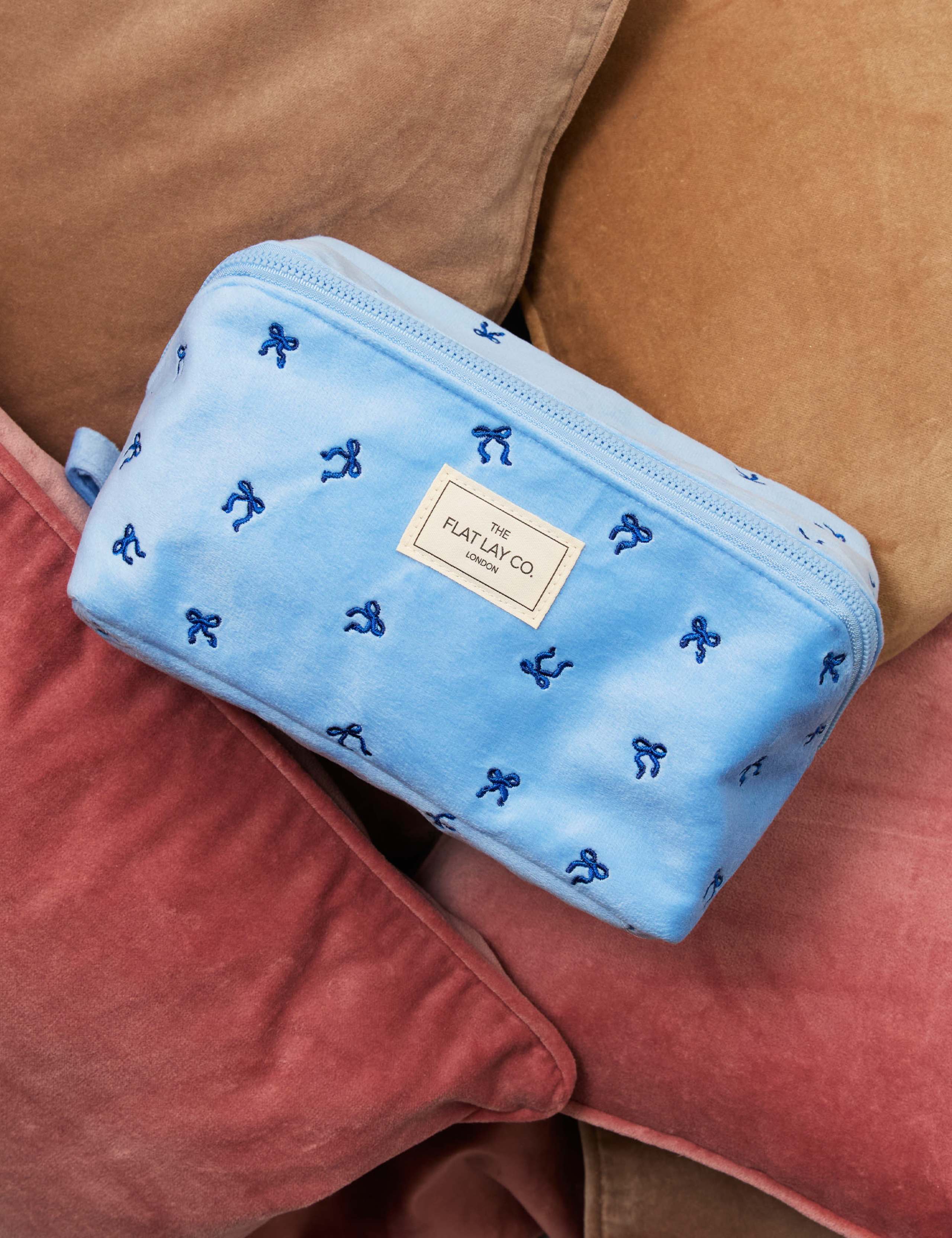 Flat Lay Makeup Box Bag - Ditsy Bows Blue Embroidered Velvet 7 of 8