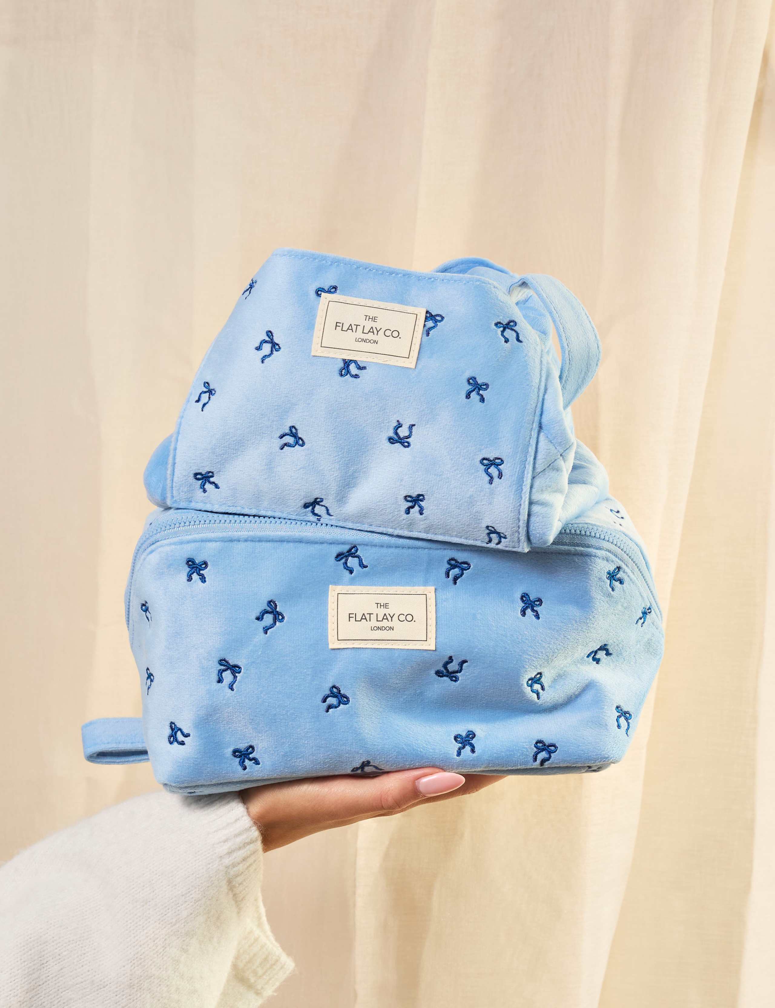Flat Lay Makeup Box Bag - Ditsy Bows Blue Embroidered Velvet 8 of 8