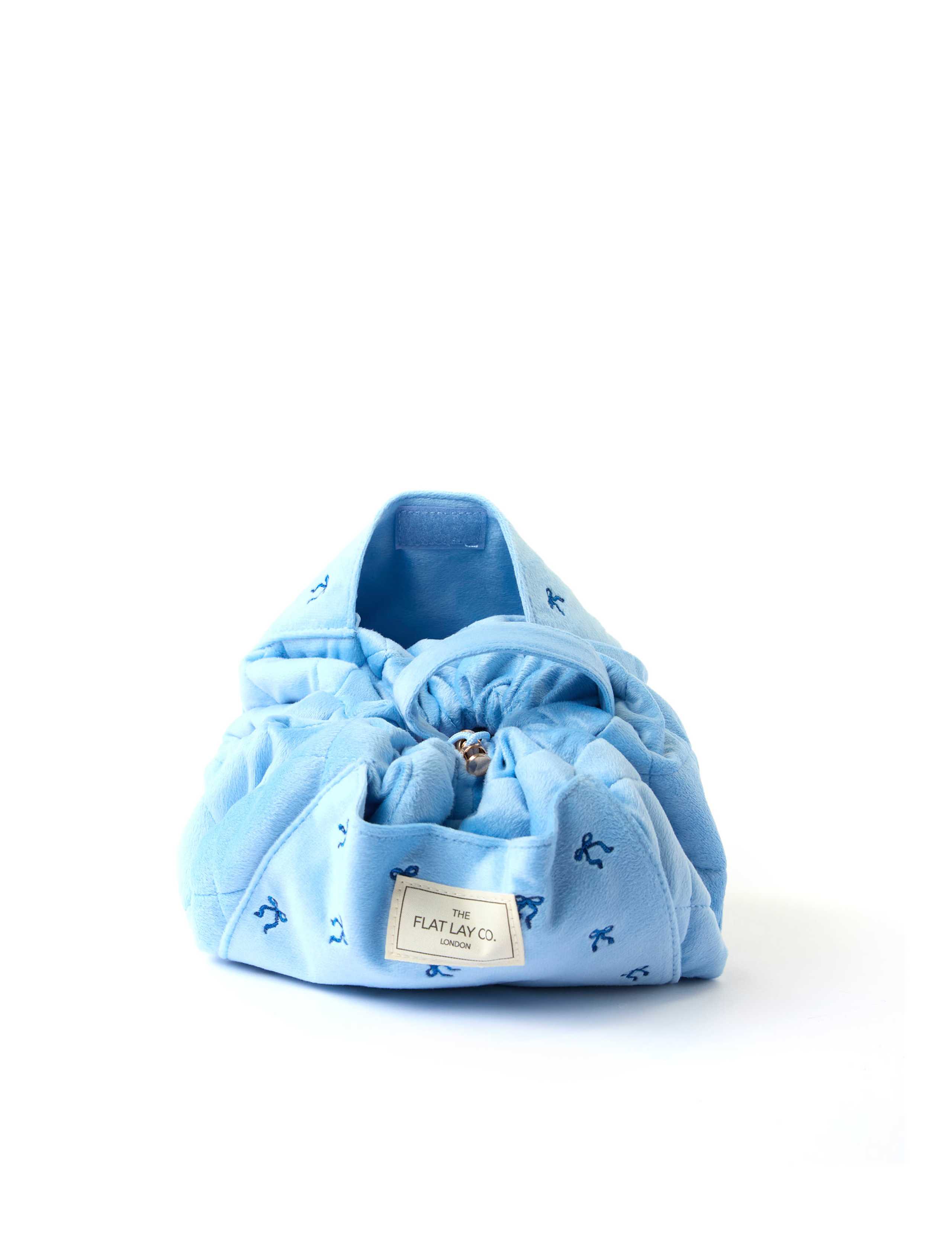 Drawstring Flat Lay Makeup Bag - Ditsy Bows Blue Embroidered Velvet 2 of 8