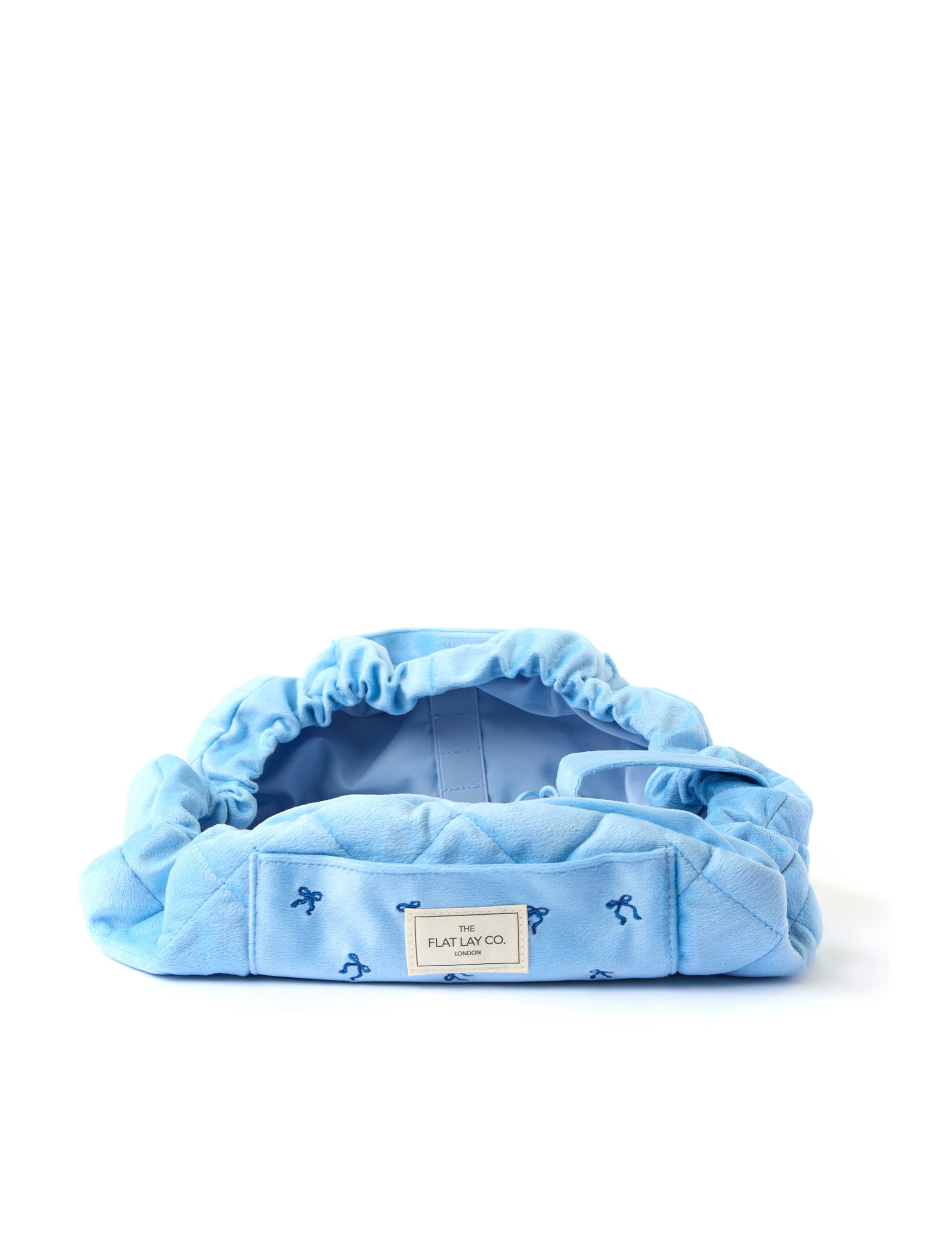 Drawstring Flat Lay Makeup Bag - Ditsy Bows Blue Embroidered Velvet 3 of 8