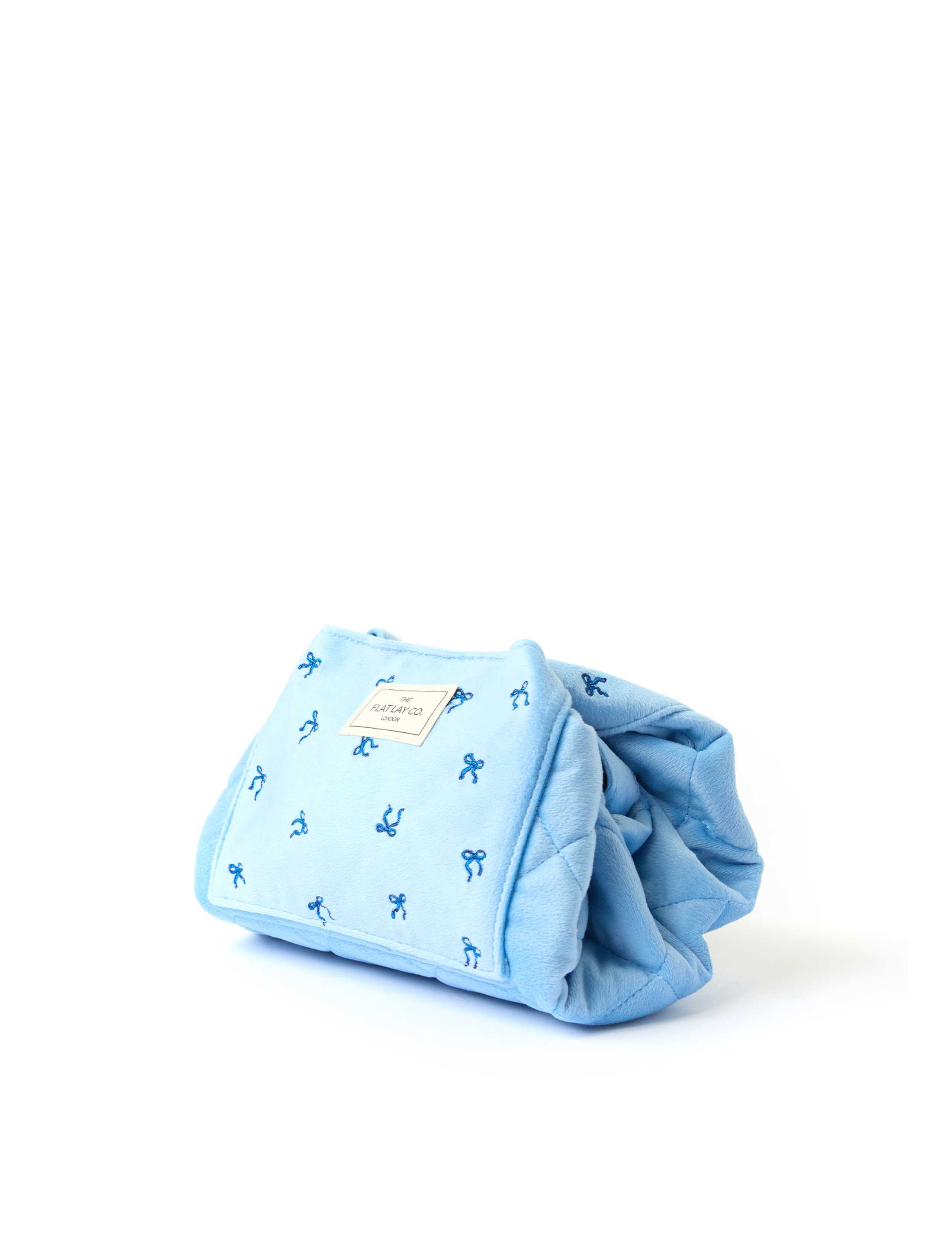 Drawstring Flat Lay Makeup Bag - Ditsy Bows Blue Embroidered Velvet 4 of 8