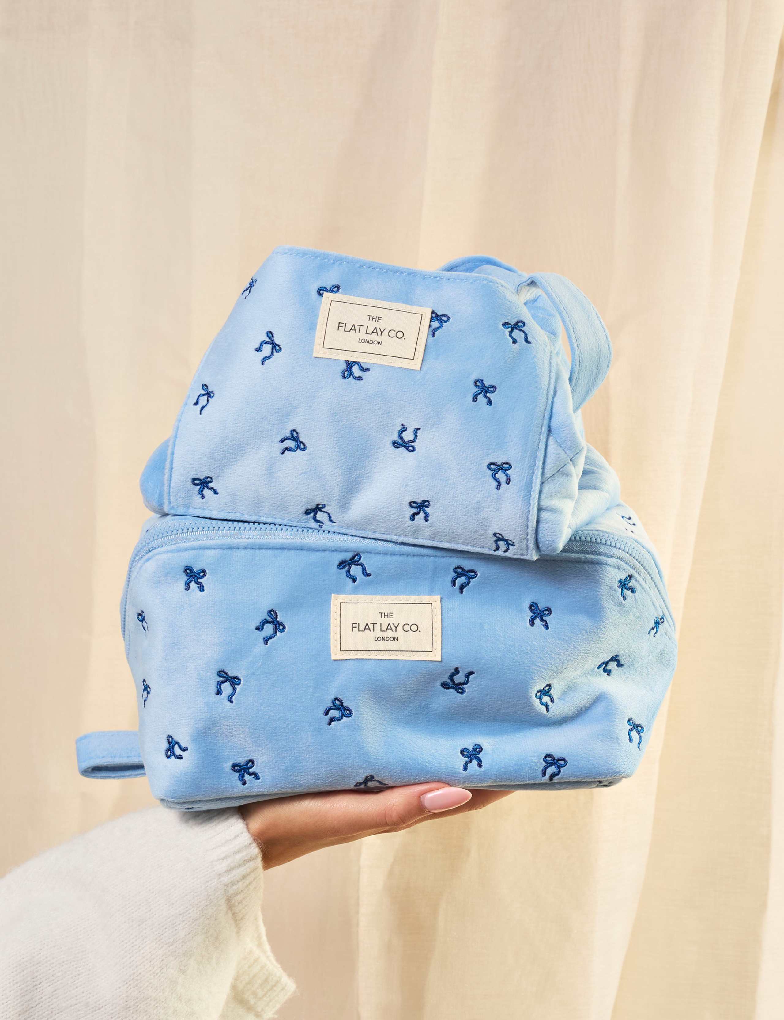 Drawstring Flat Lay Makeup Bag - Ditsy Bows Blue Embroidered Velvet 7 of 8