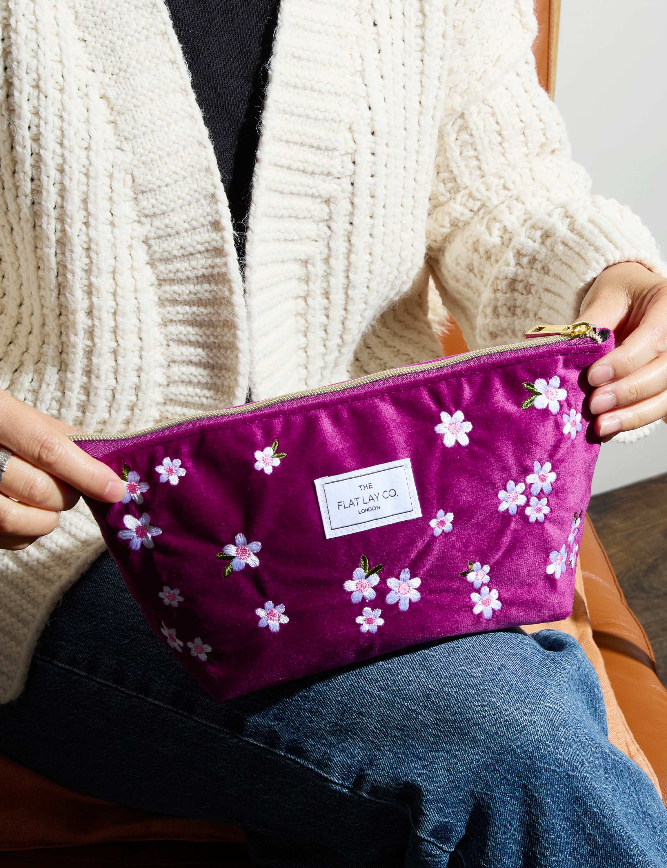 Essential Pouch in Embroidered Daisy Plum Velvet 7 of 7