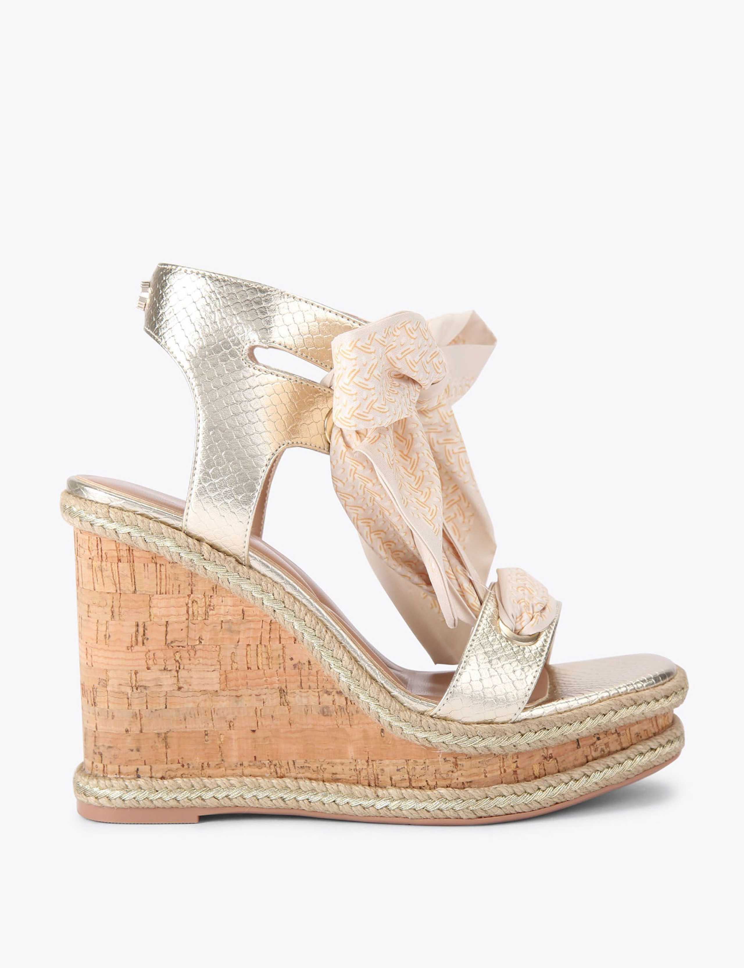 Metallic Scarf Tie Wedge Open Toe Sandals 1 of 5