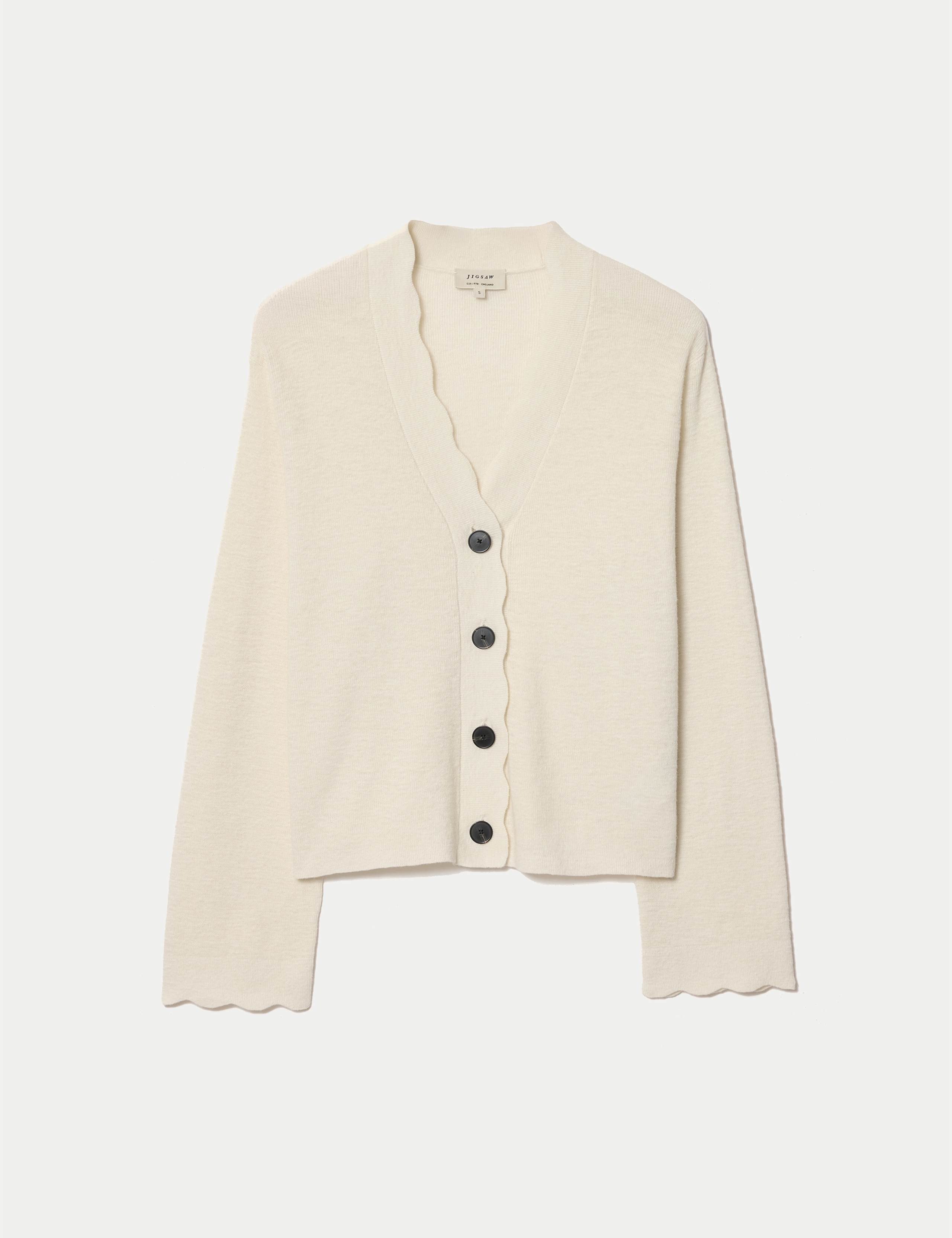 Linen Rich V-Neck Scallop Detail Cardigan 2 of 6