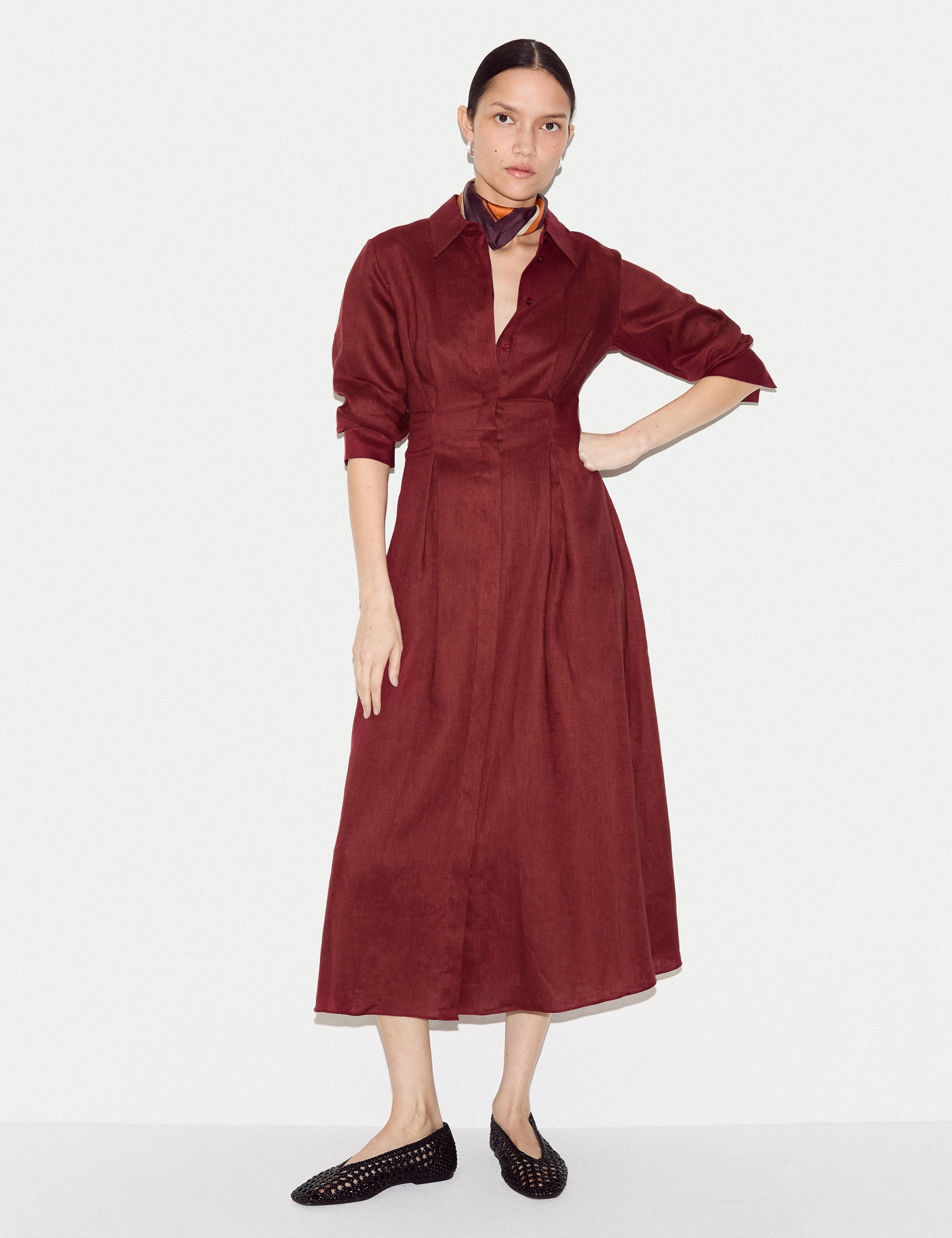 Pure Linen Pleat Front Midi Shirt Dress 1 of 5
