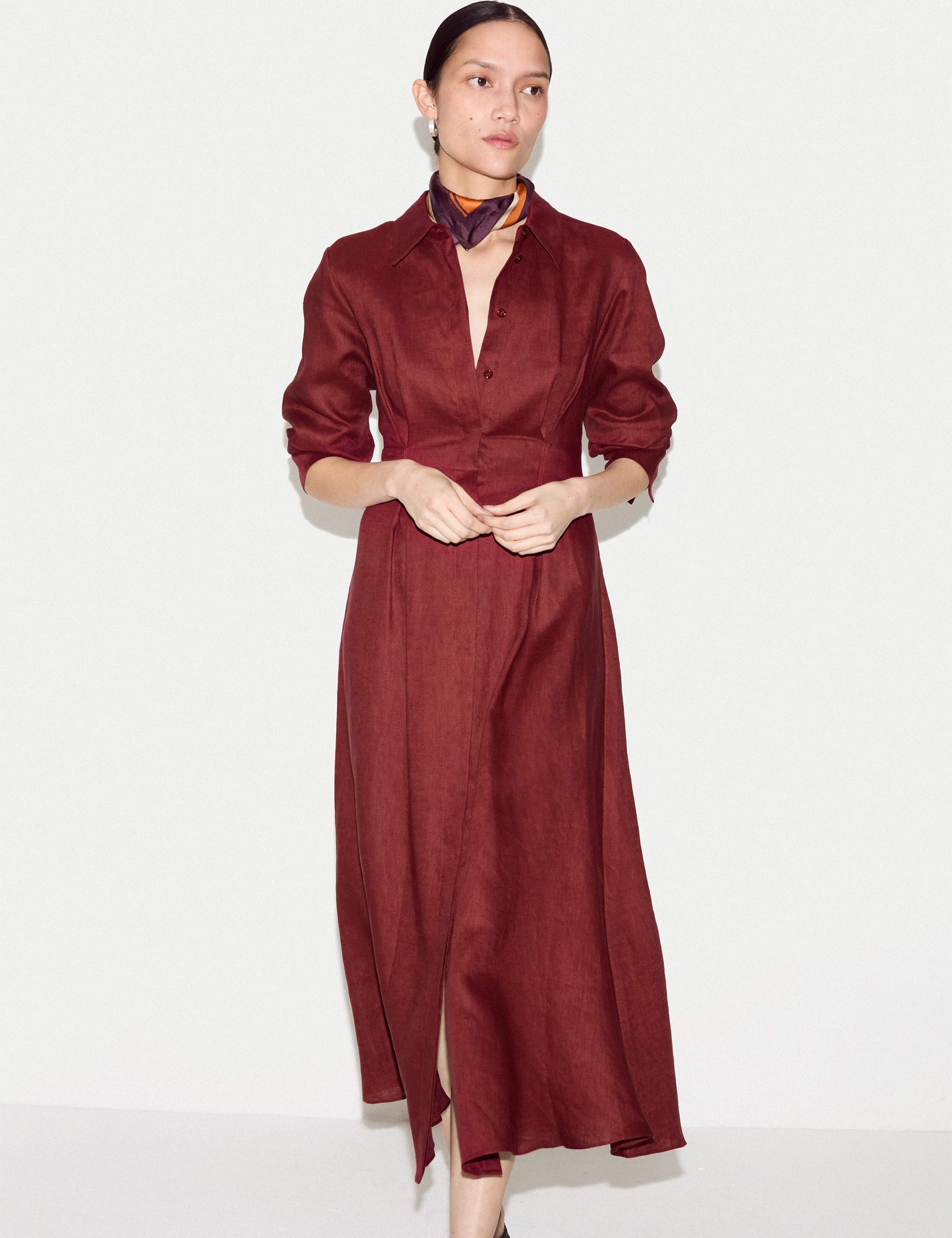 Pure Linen Pleat Front Midi Shirt Dress 2 of 5