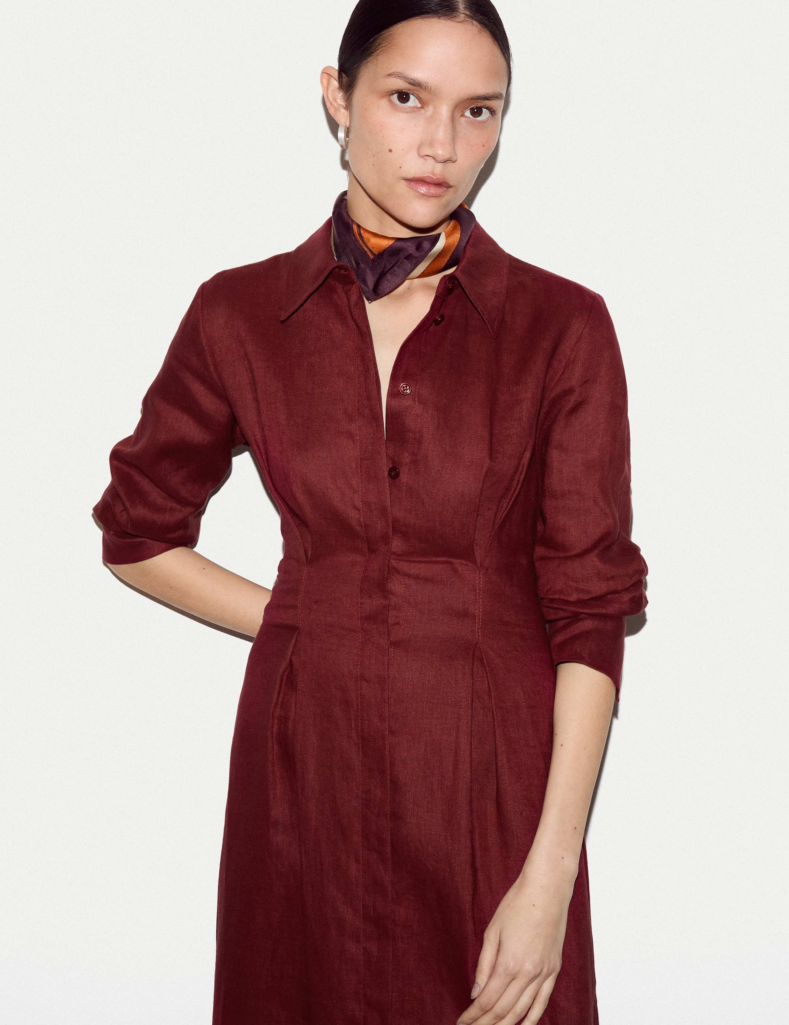 Pure Linen Pleat Front Midi Shirt Dress 4 of 5