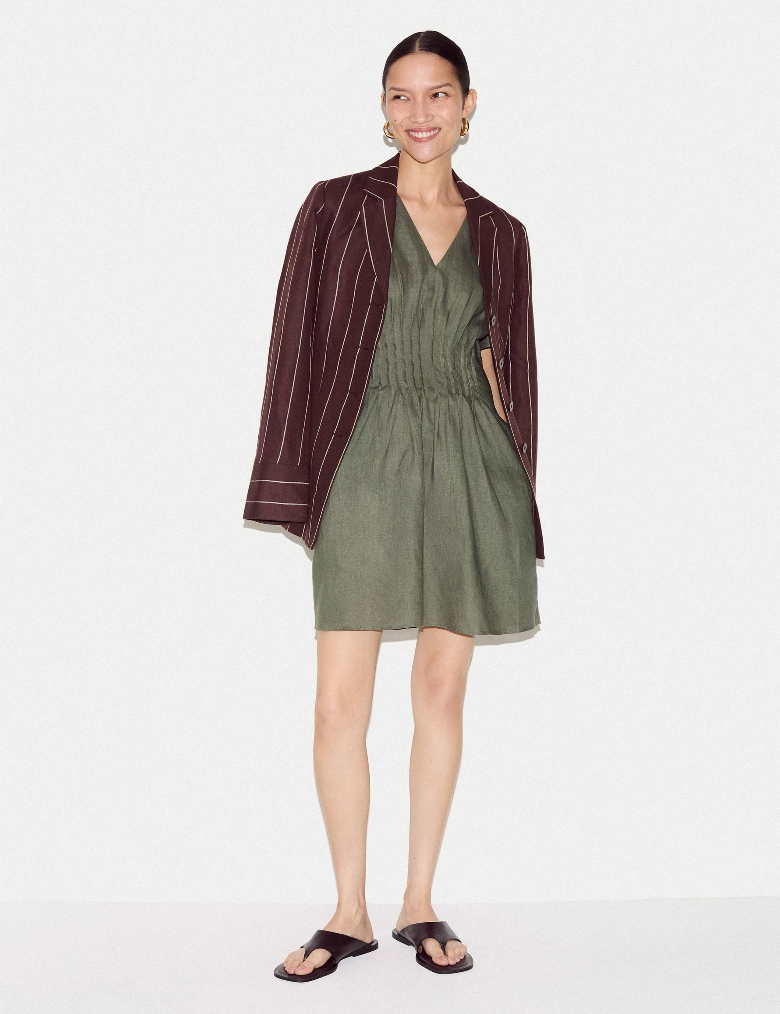 Pure Linen V-Neck Pintuck Mini Waisted Dress 3 of 5