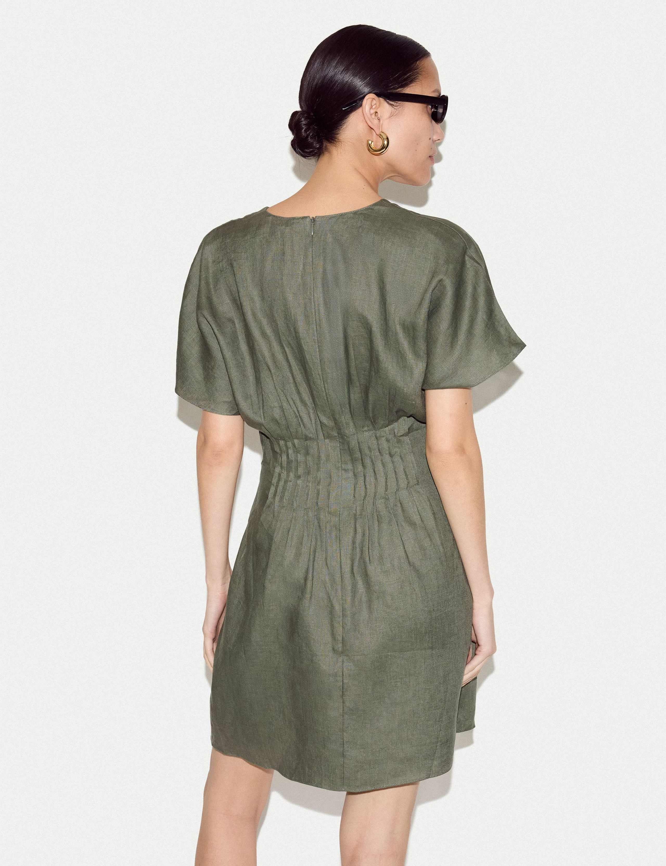 Pure Linen V-Neck Pintuck Mini Waisted Dress 4 of 5
