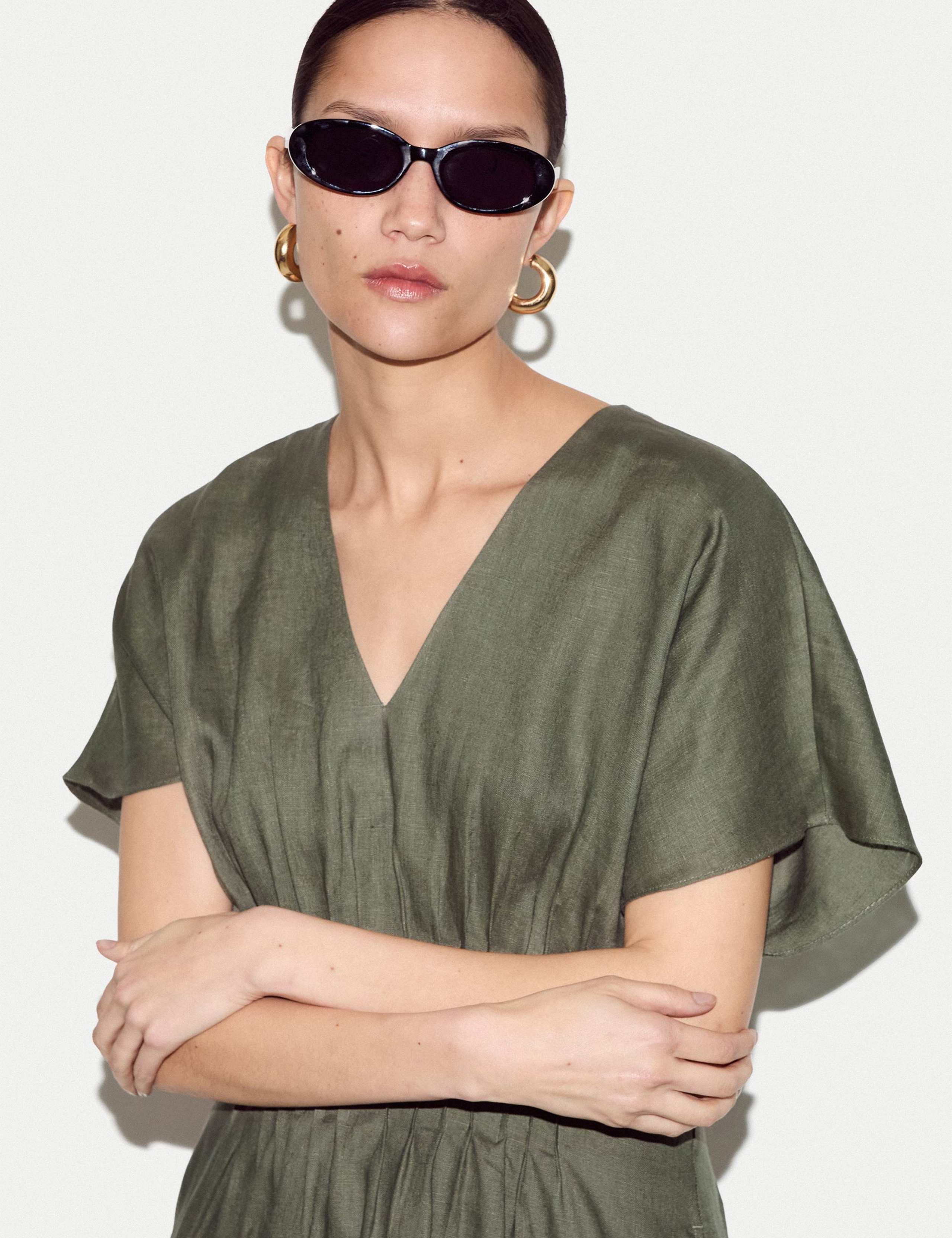 Pure Linen V-Neck Pintuck Mini Waisted Dress 5 of 5