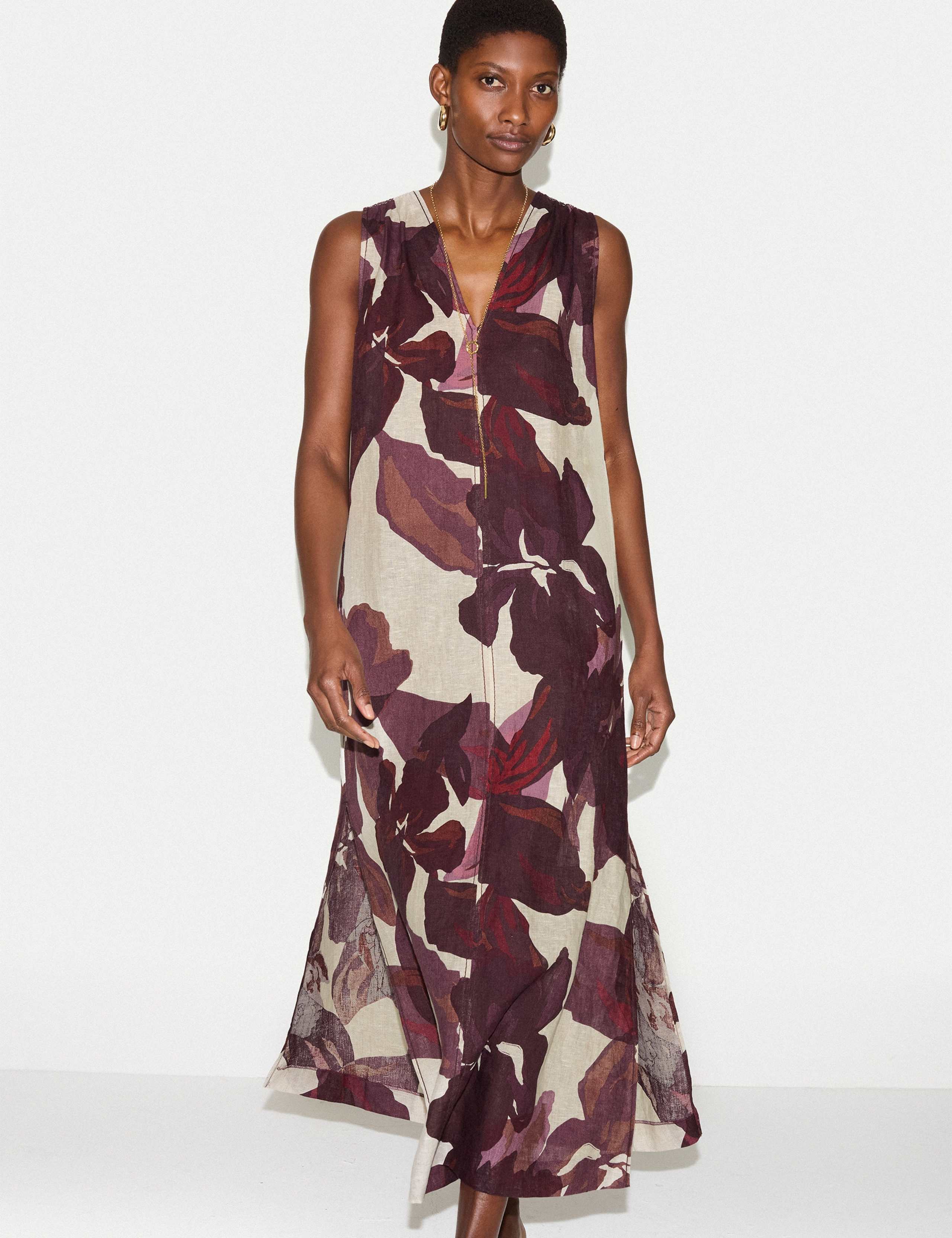 Pure Linen Iris Leaf V-Neck Midi Beach Dress 1 of 8