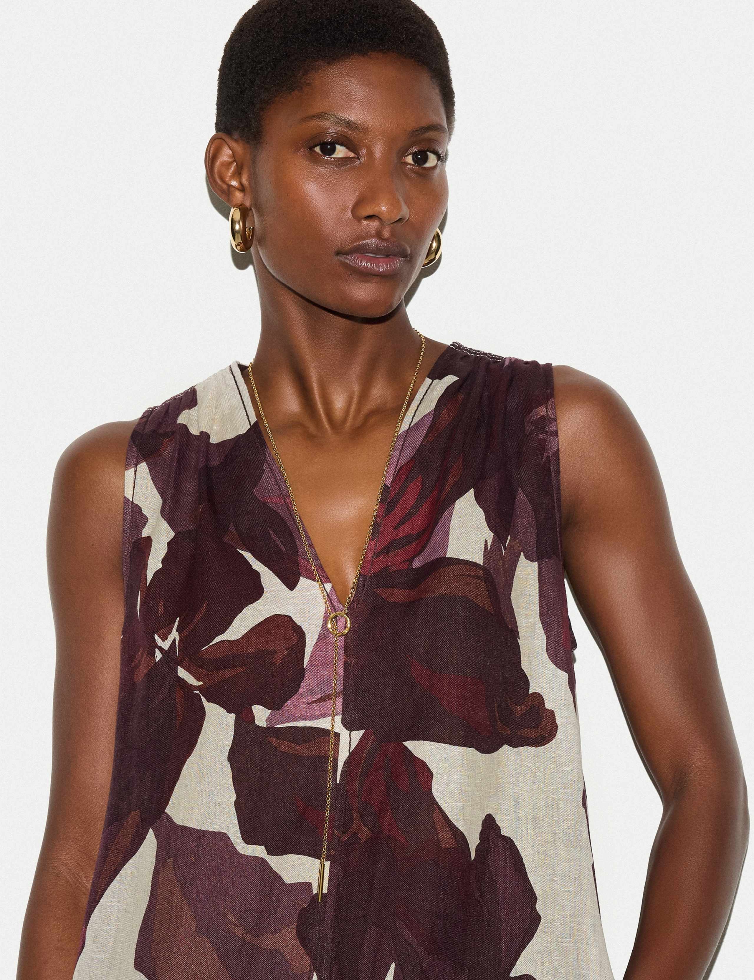 Pure Linen Iris Leaf V-Neck Midi Beach Dress 3 of 8