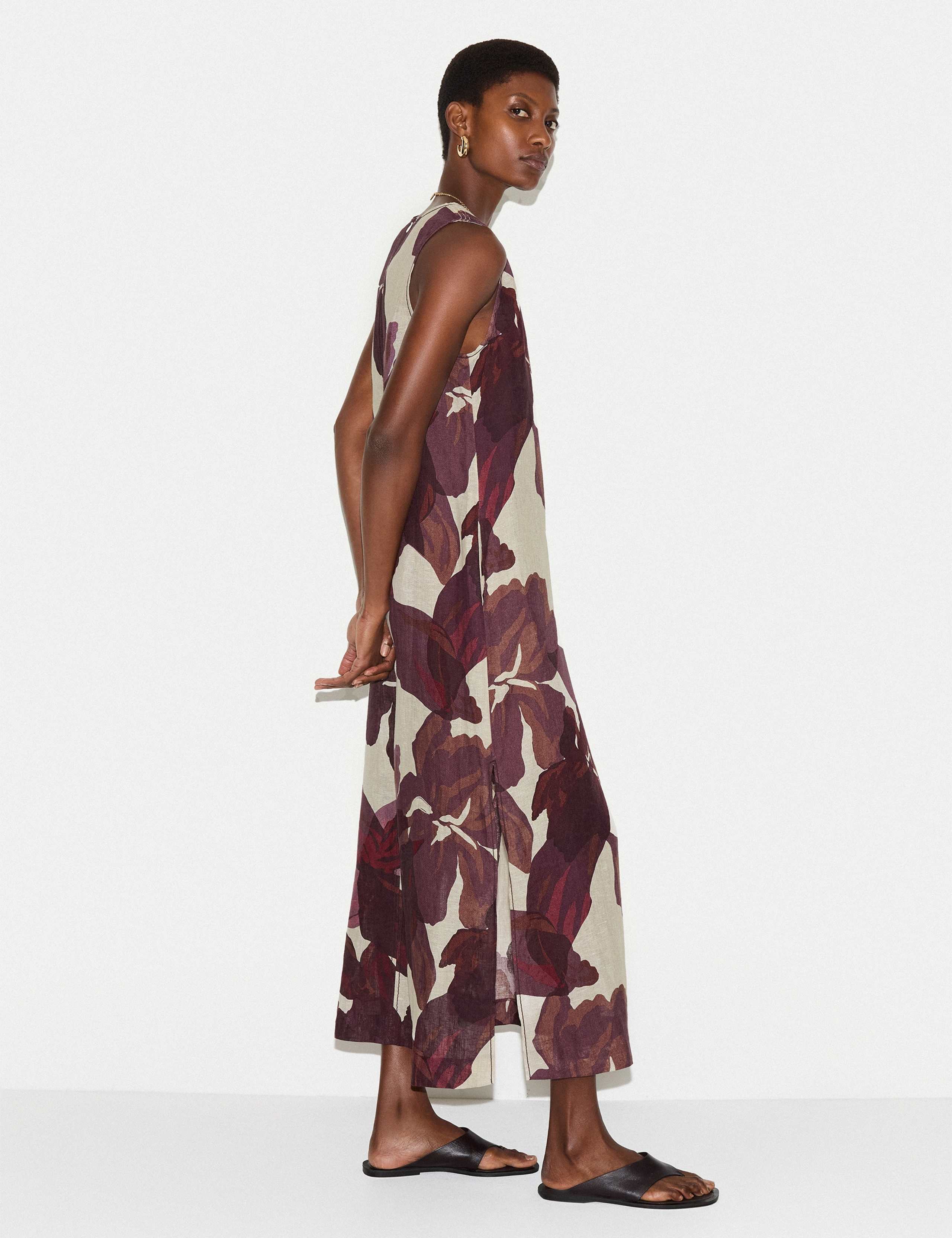 Pure Linen Iris Leaf V-Neck Midi Beach Dress 4 of 8