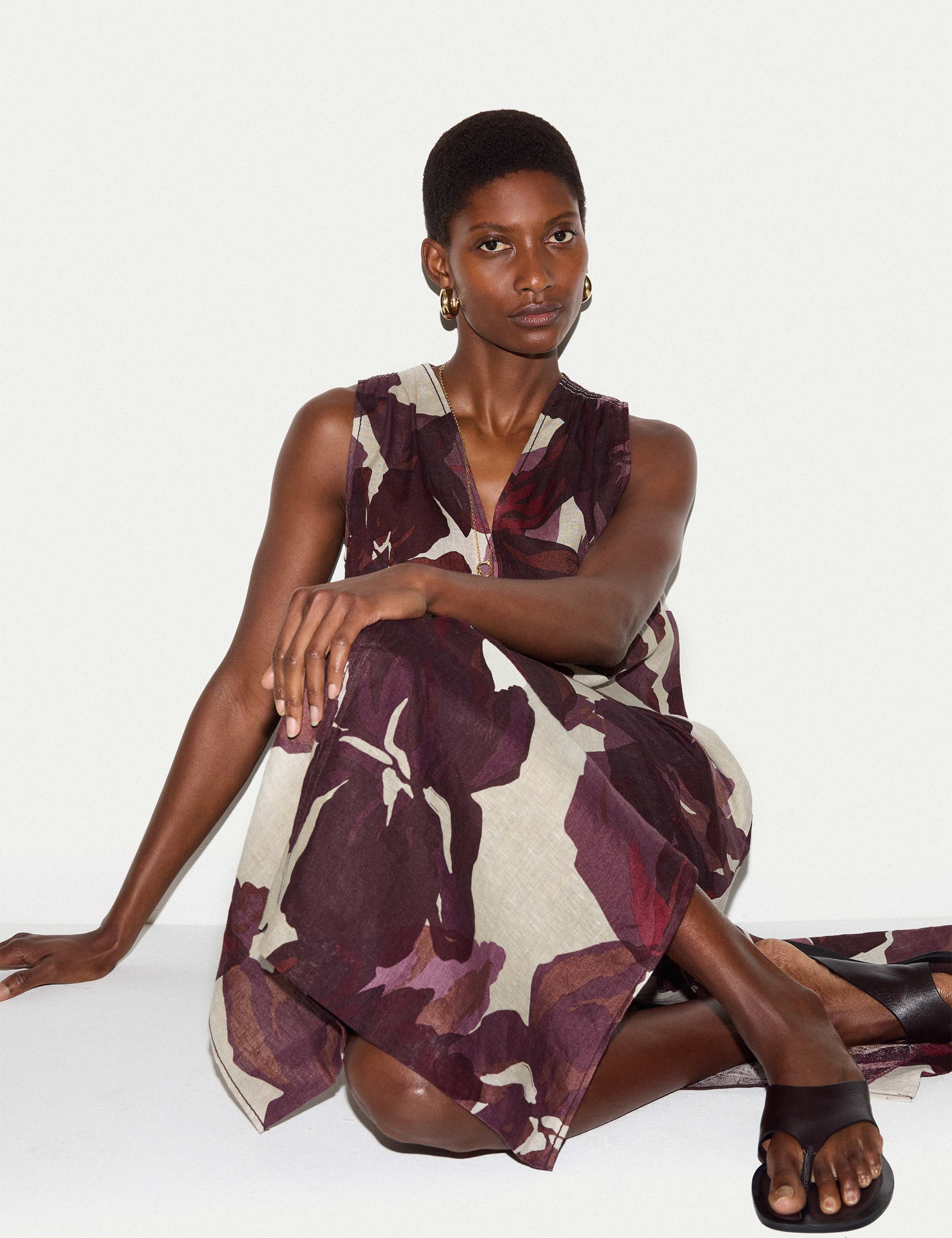 Pure Linen Iris Leaf V-Neck Midi Beach Dress 5 of 8