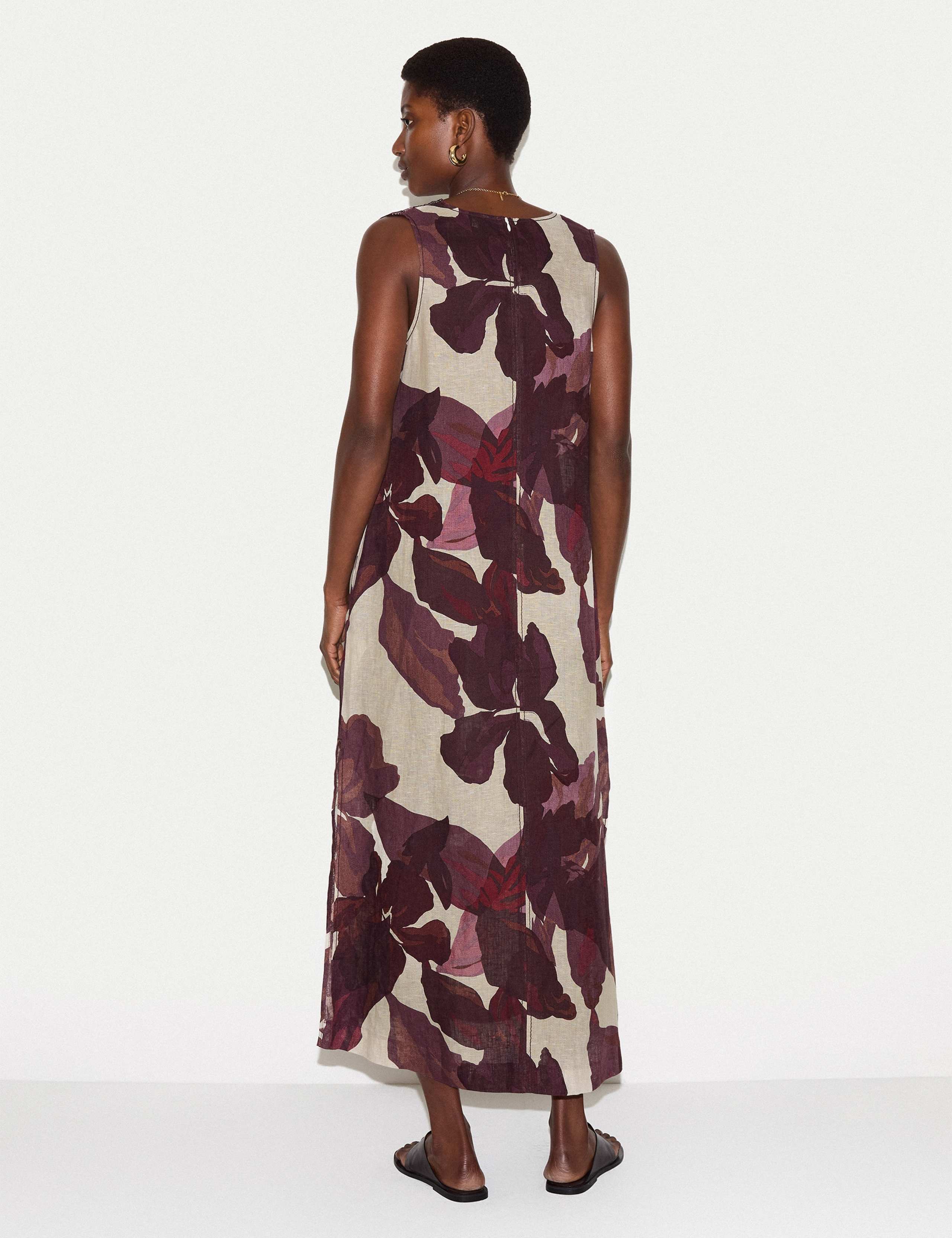 Pure Linen Iris Leaf V-Neck Midi Beach Dress 6 of 8