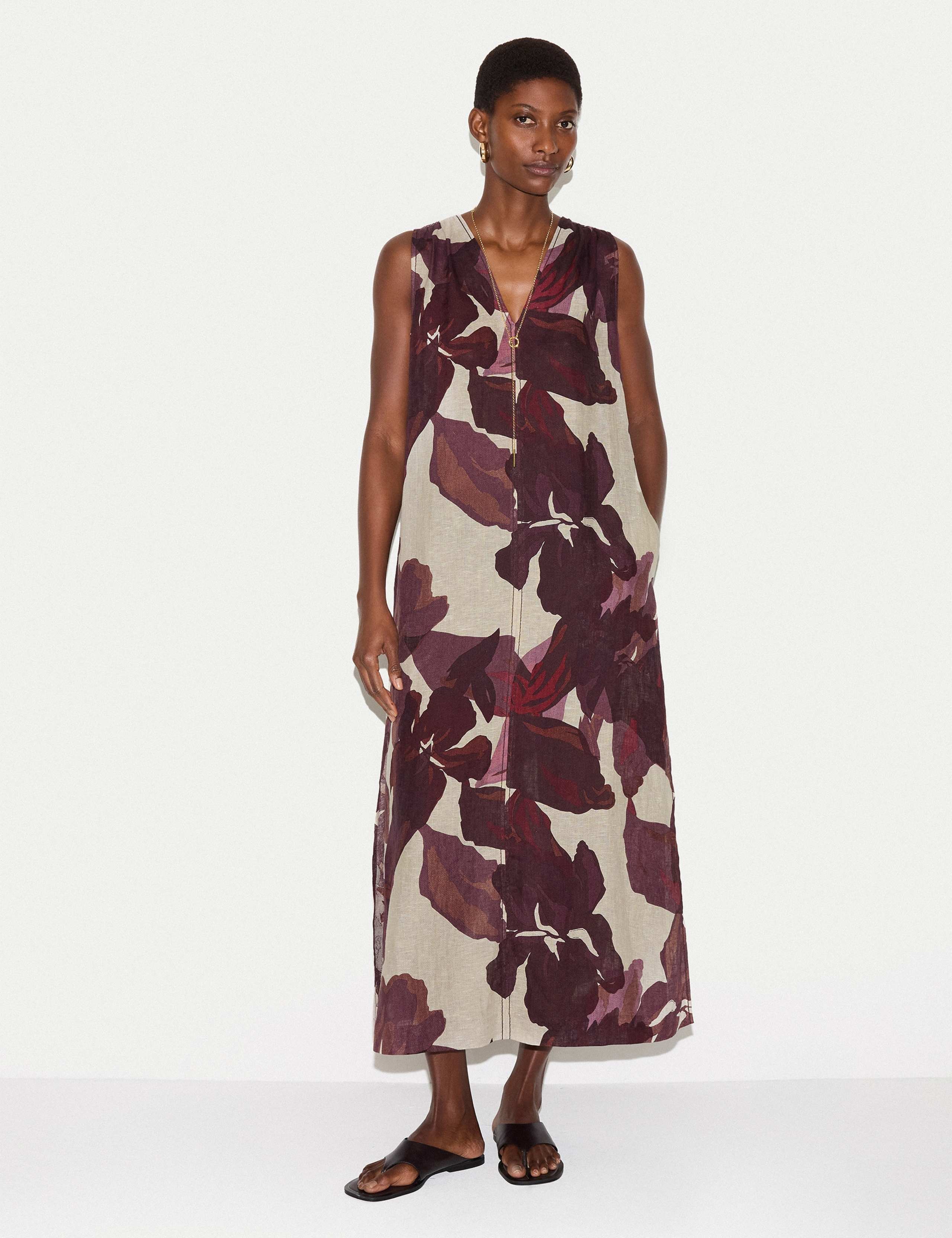 Pure Linen Iris Leaf V-Neck Midi Beach Dress 8 of 8